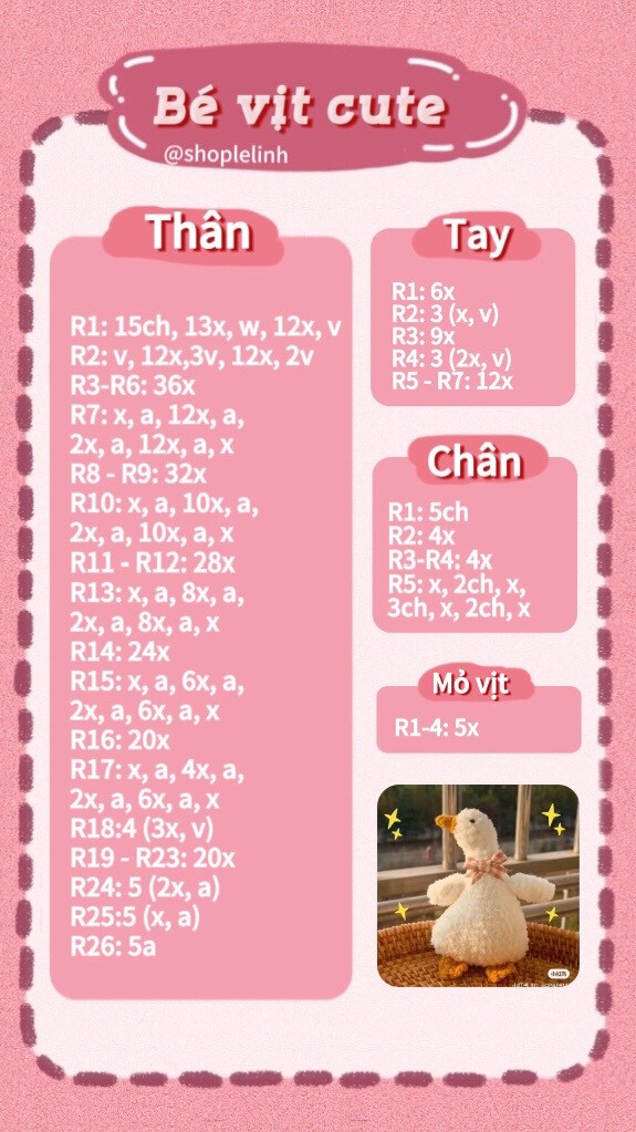 Chart móc len bé vịt cute, hướng dẫn chi tiết từng hàng