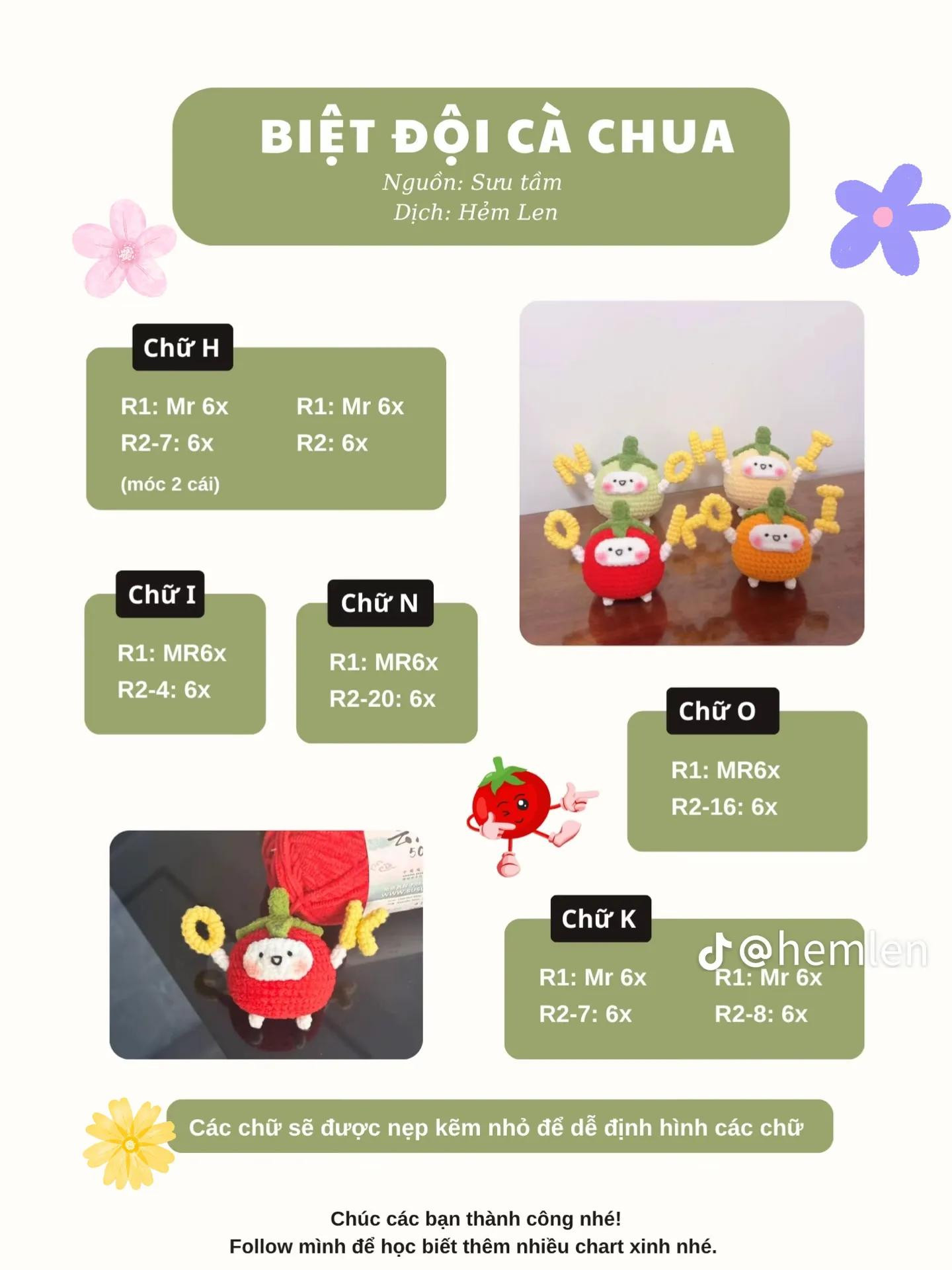 Chart móc len Biệt đội cà chua dễ thương, hướng dẫn chi tiết từng bước