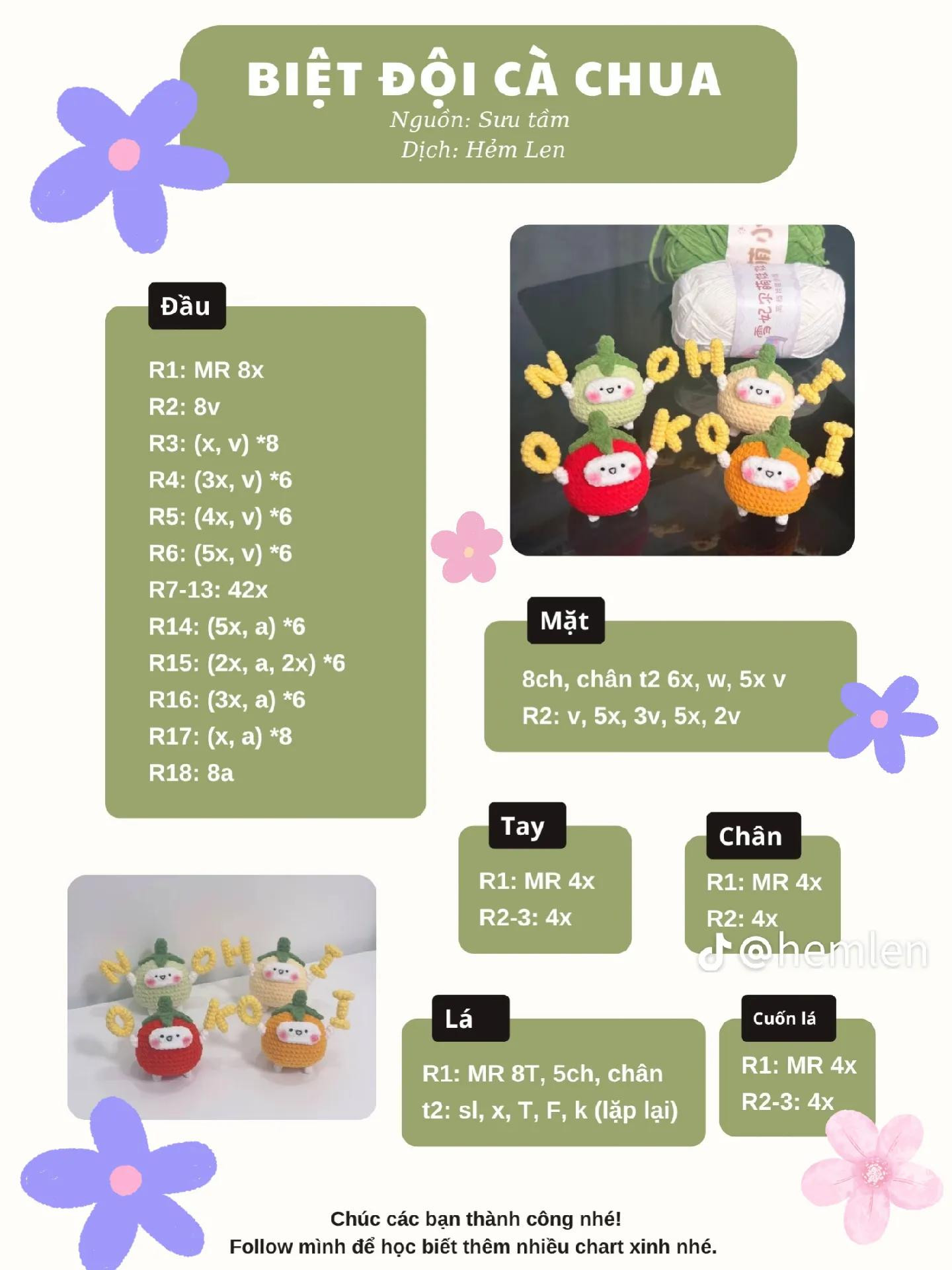 Chart móc len Biệt đội cà chua dễ thương, hướng dẫn chi tiết từng bước