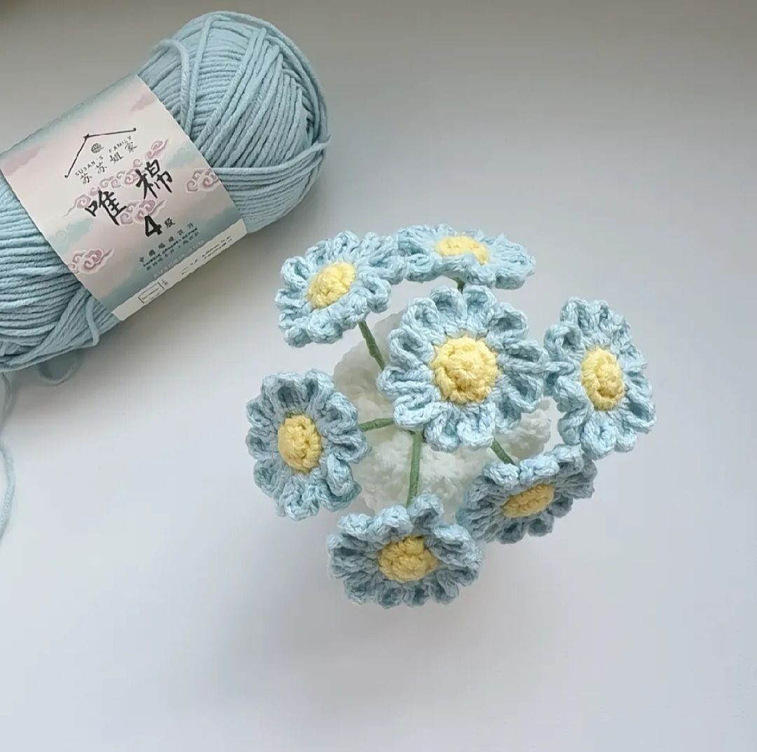 Chart Móc Len Bình Hoa Cúc Mini Màu Xanh Dương và Vàng, Hướng Dẫn Chi Tiết Từng Hàng