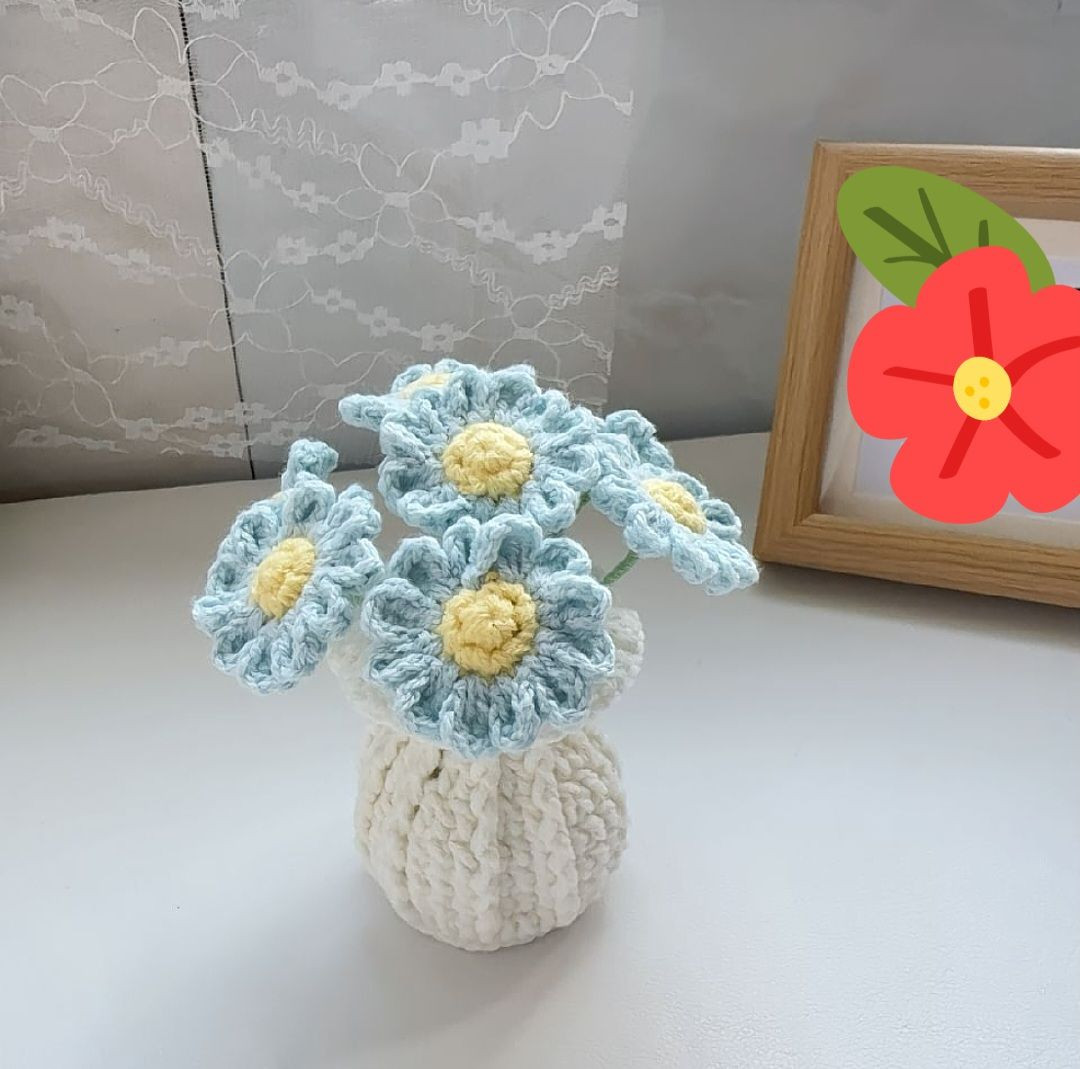 Chart Móc Len Bình Hoa Cúc Mini Màu Xanh Dương và Vàng, Hướng Dẫn Chi Tiết Từng Hàng