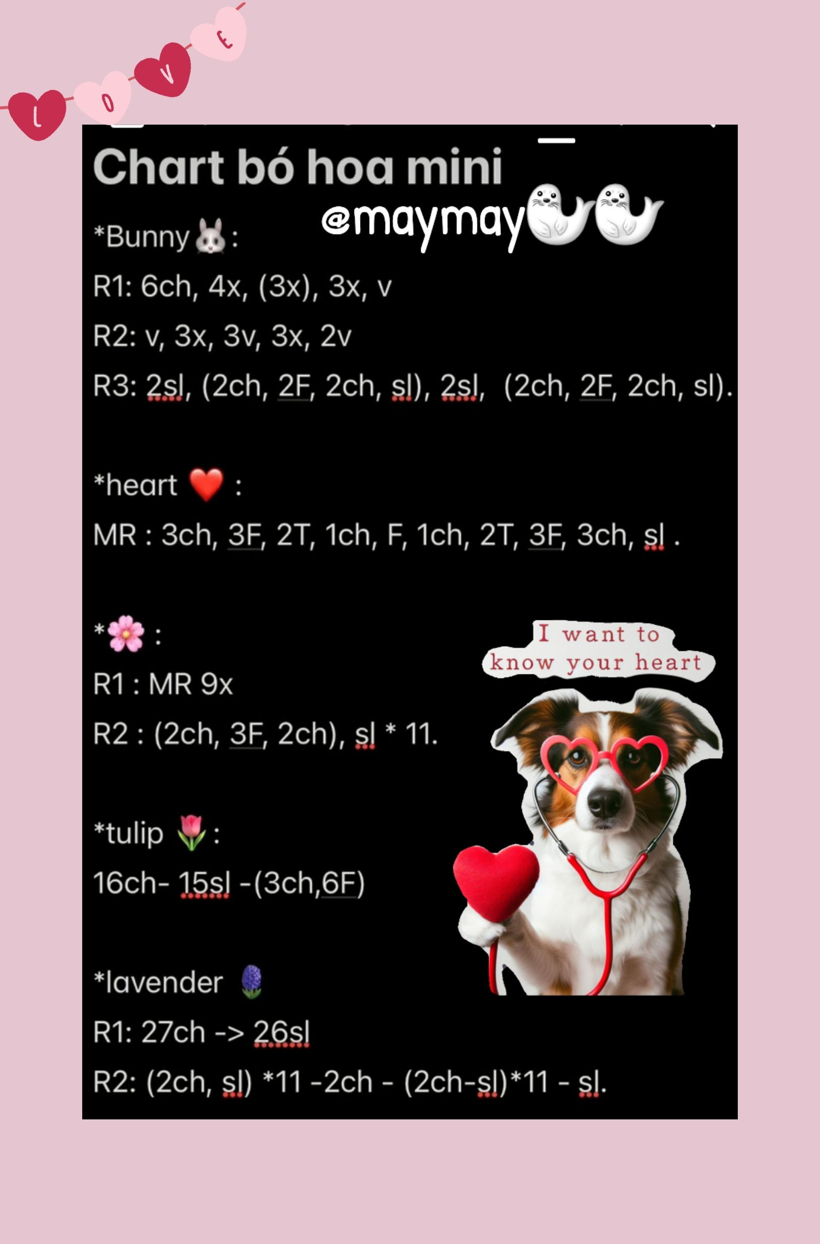 Chart móc len bó hoa mini dễ thương với thỏ, tim và hoa cúc