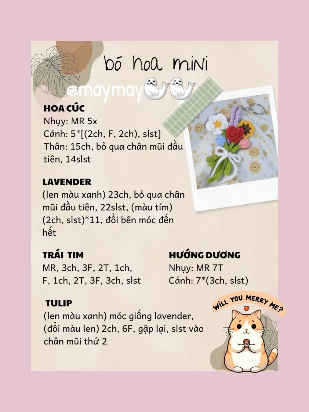 Chart móc len bó hoa mini dễ thương với thỏ, tim và hoa cúc