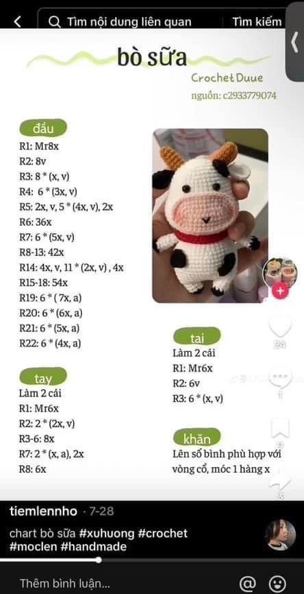 Chart móc len bò sữa dễ thương, màu trắng đen