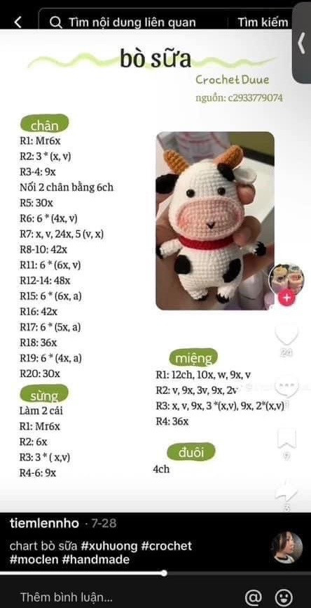 Chart móc len bò sữa dễ thương, màu trắng đen