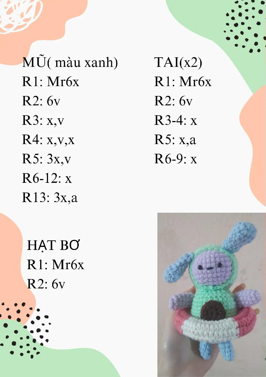 Chart móc len búp bê Avocan màu xanh và tím