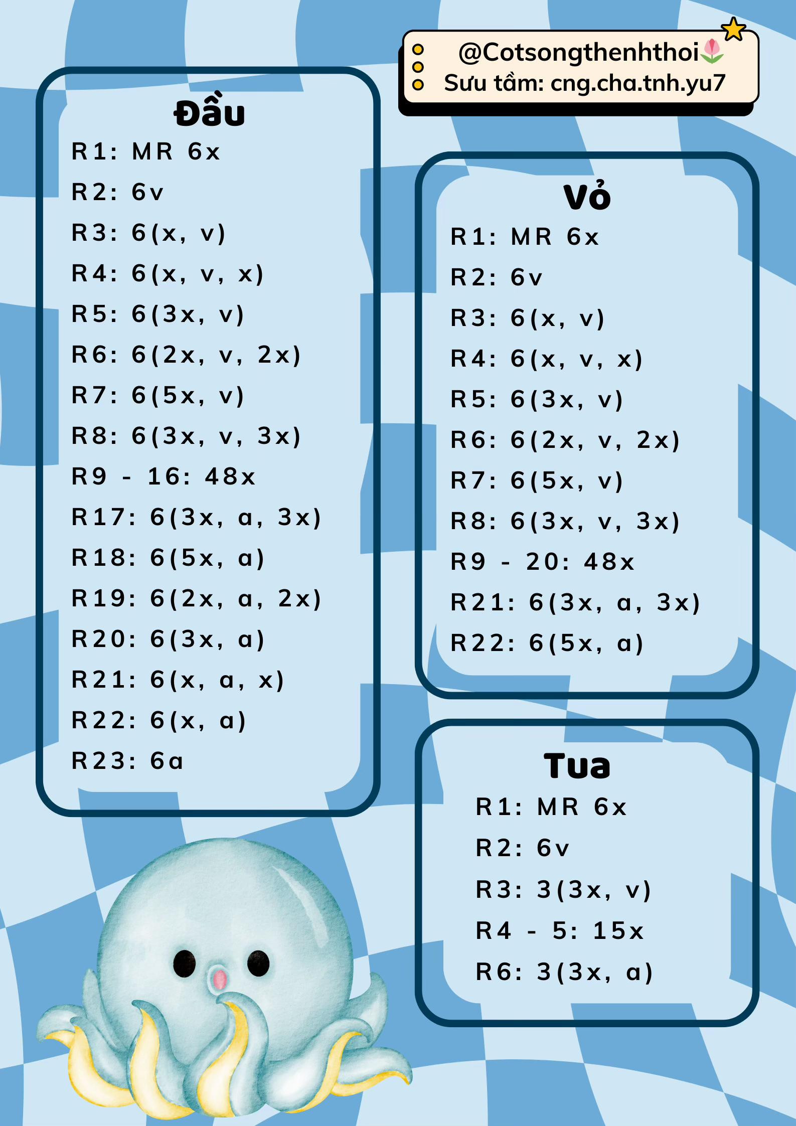 Chart móc len búp bê Bạch Tuộc Cute màu xanh dương cầm trái tim hồng dễ thương