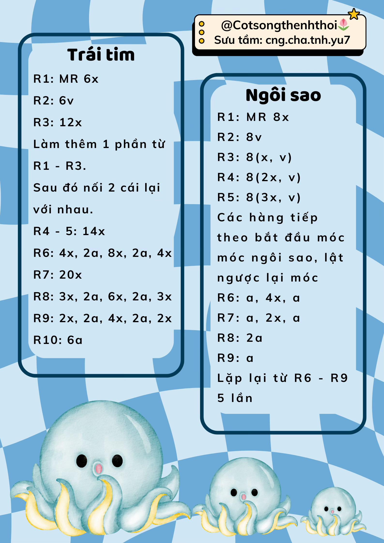 Chart móc len búp bê Bạch Tuộc Cute màu xanh dương cầm trái tim hồng dễ thương