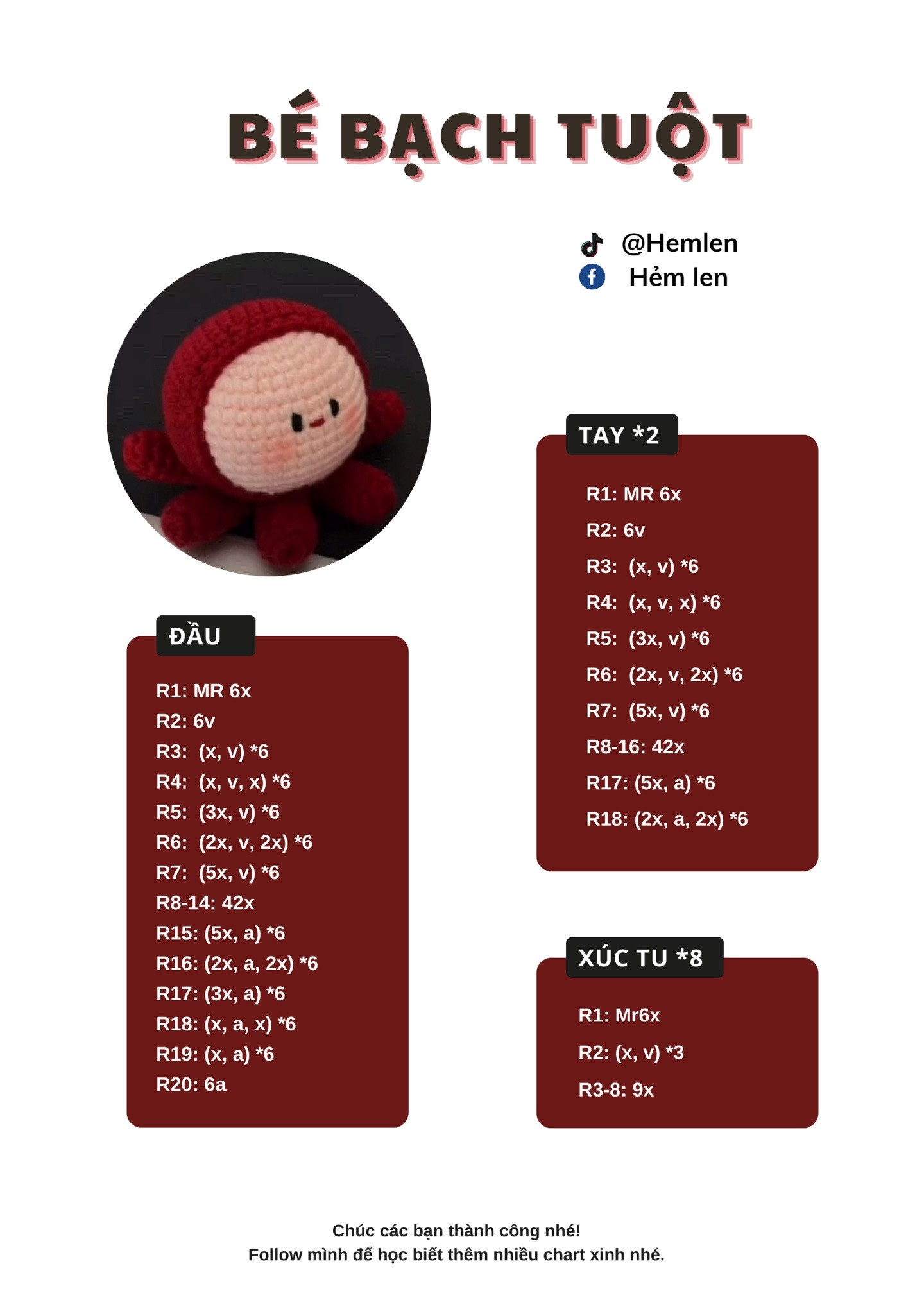 Chart móc len búp bê Bạch Tuột màu đỏ dễ thương