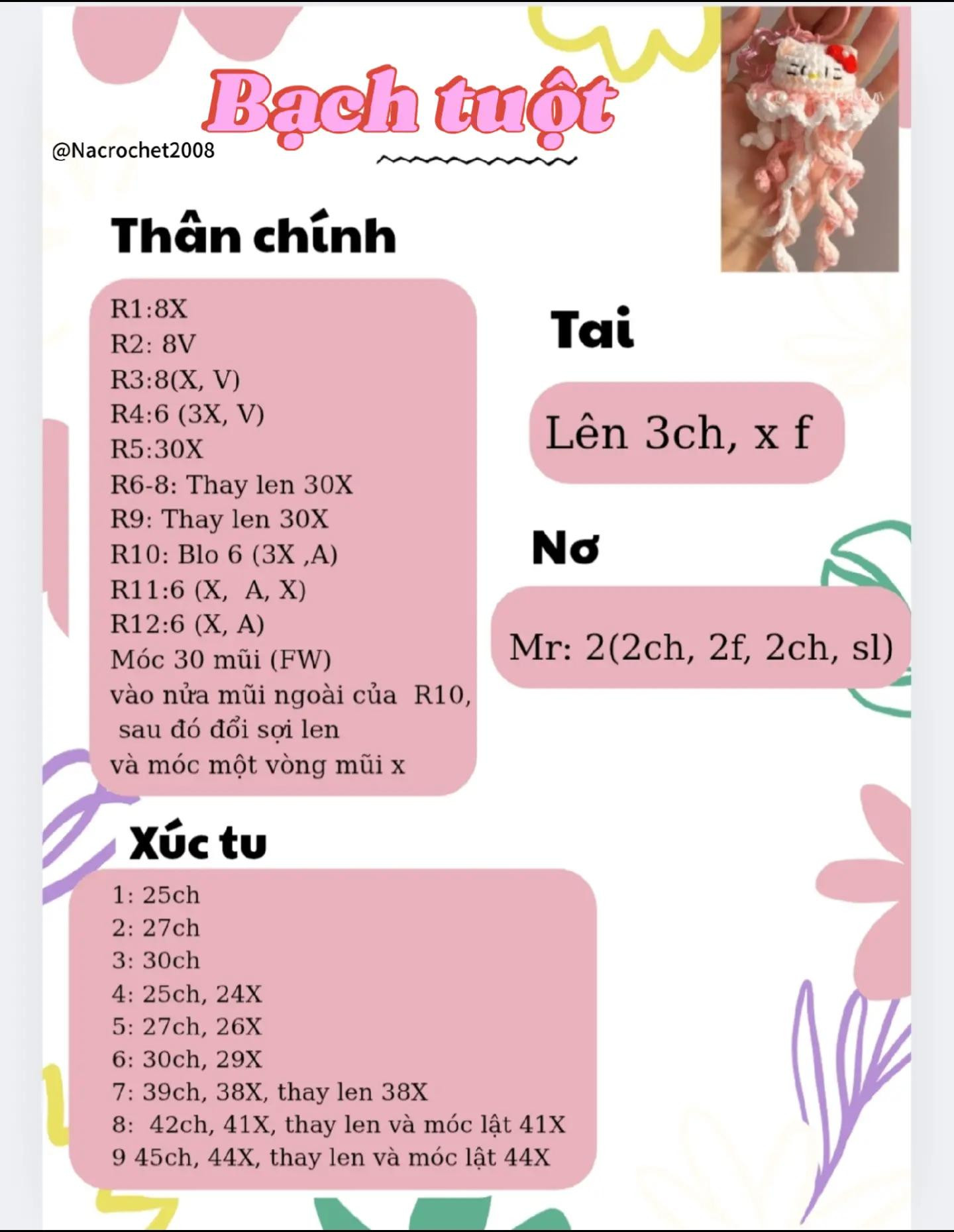 Chart móc len Búp bê Bạch tuột màu hồng trắng