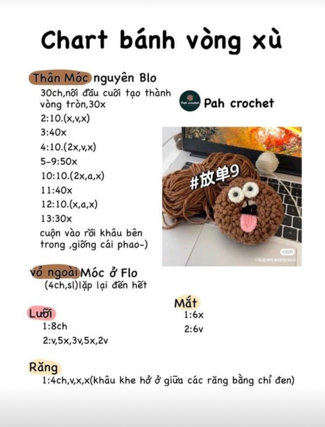 Chart móc len búp bê bánh vòng xù mặt buồn cười, hướng dẫn chi tiết từng hàng
