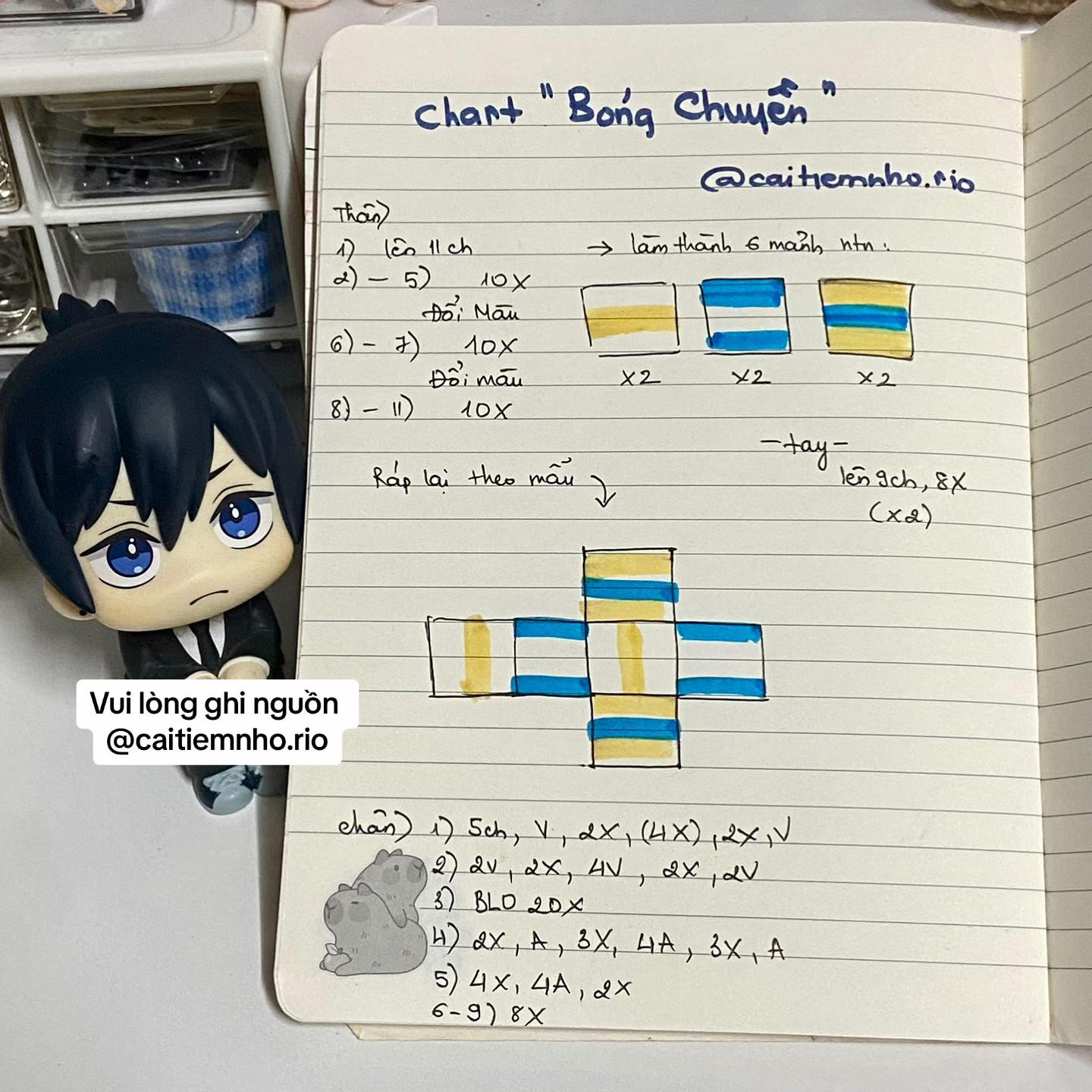 Chart móc len búp bê Bóng chuyền dễ thương màu xanh vàng trắng