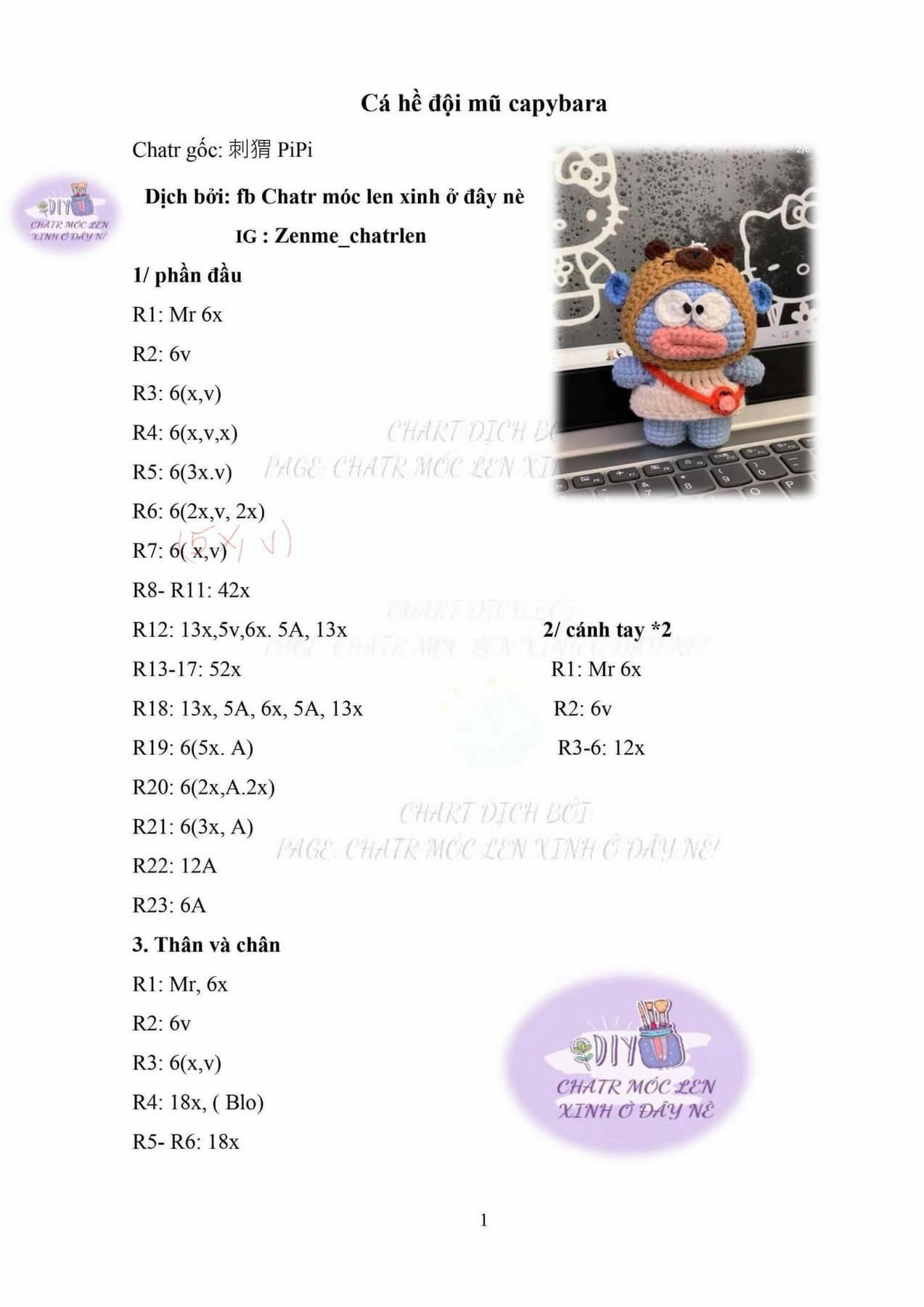 Chart móc len búp bê cá hề đội mũ Capybara