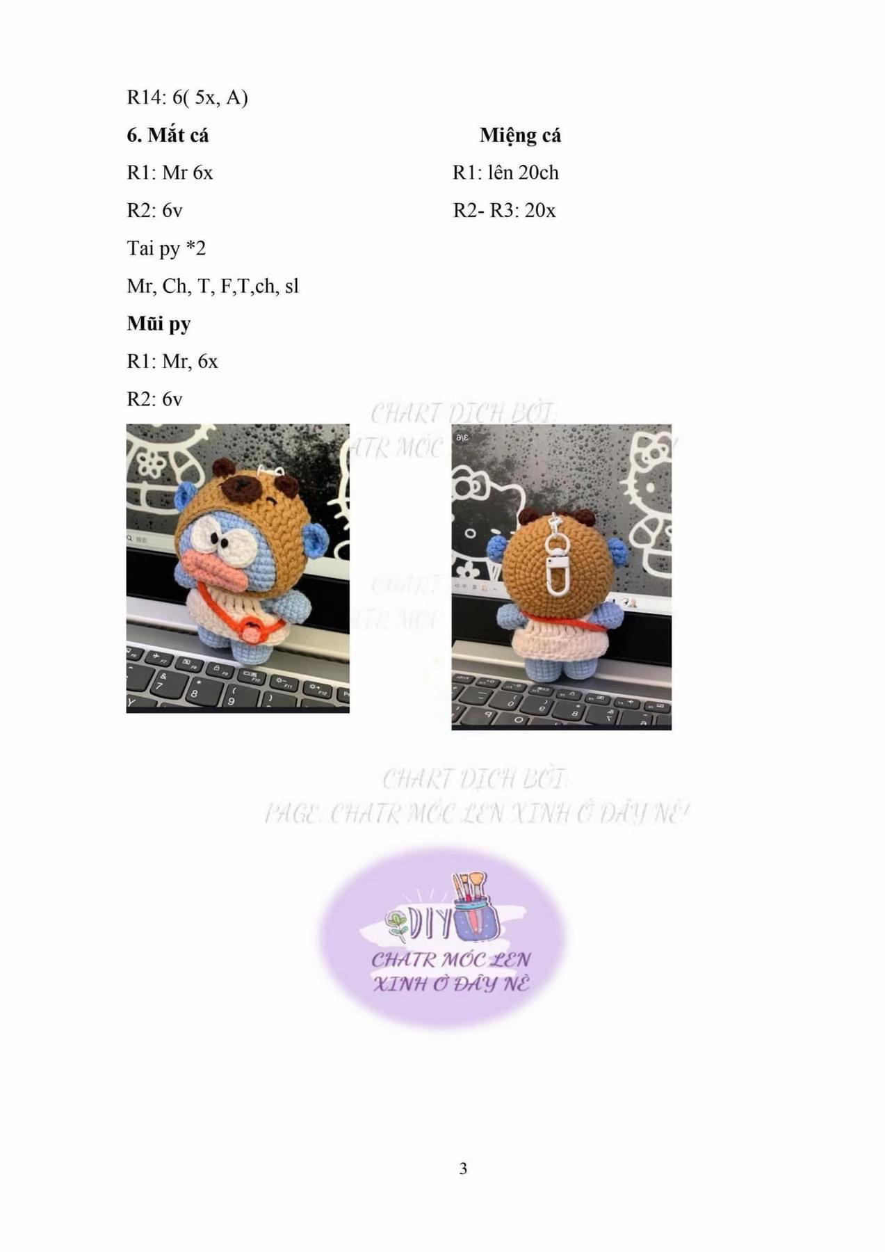 Chart móc len búp bê cá hề đội mũ Capybara