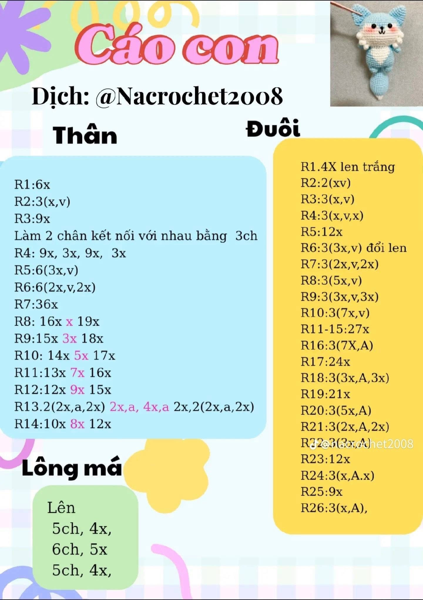 Chart móc len búp bê cáo con cute màu cam và xanh