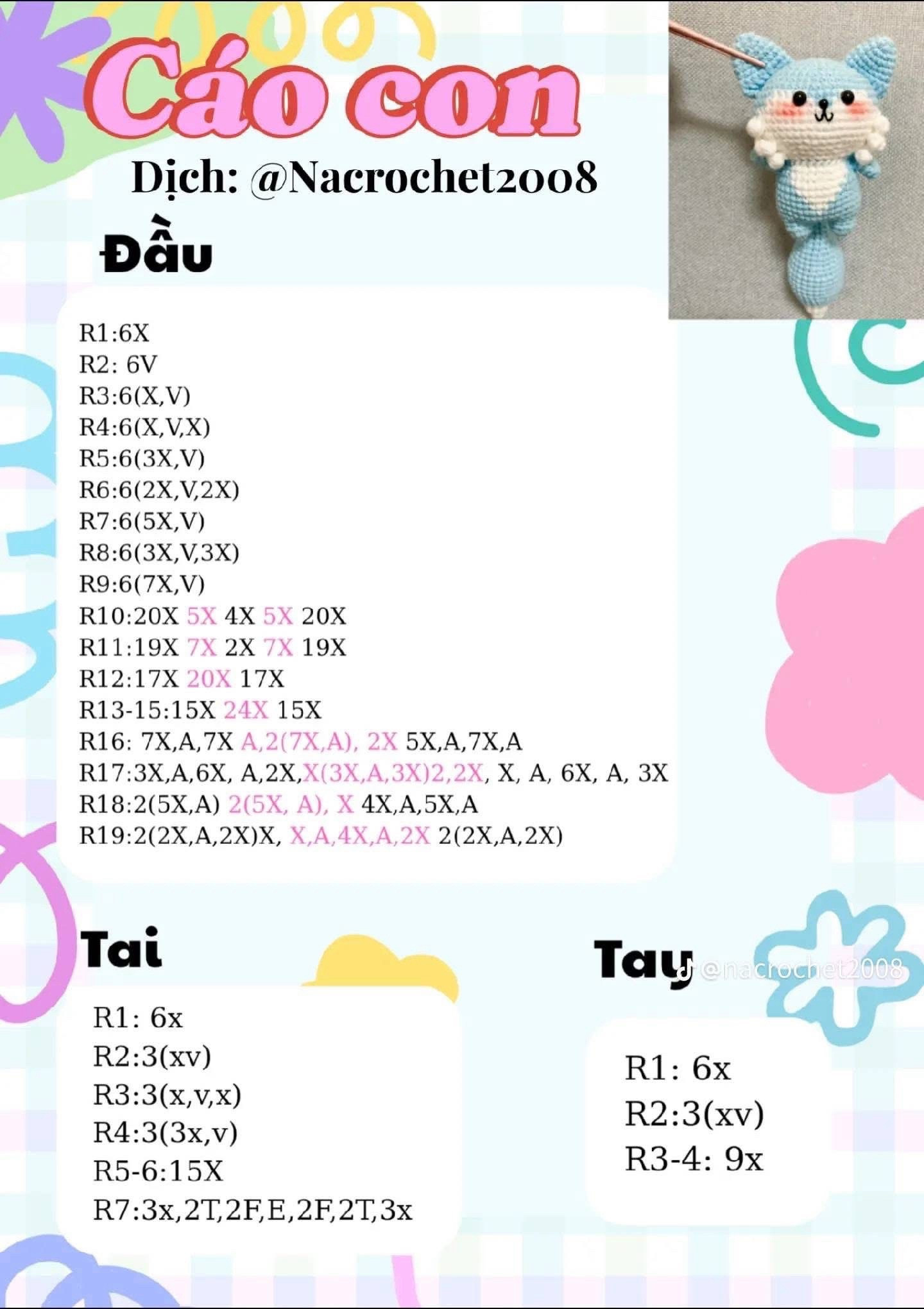 Chart móc len búp bê cáo con cute màu cam và xanh