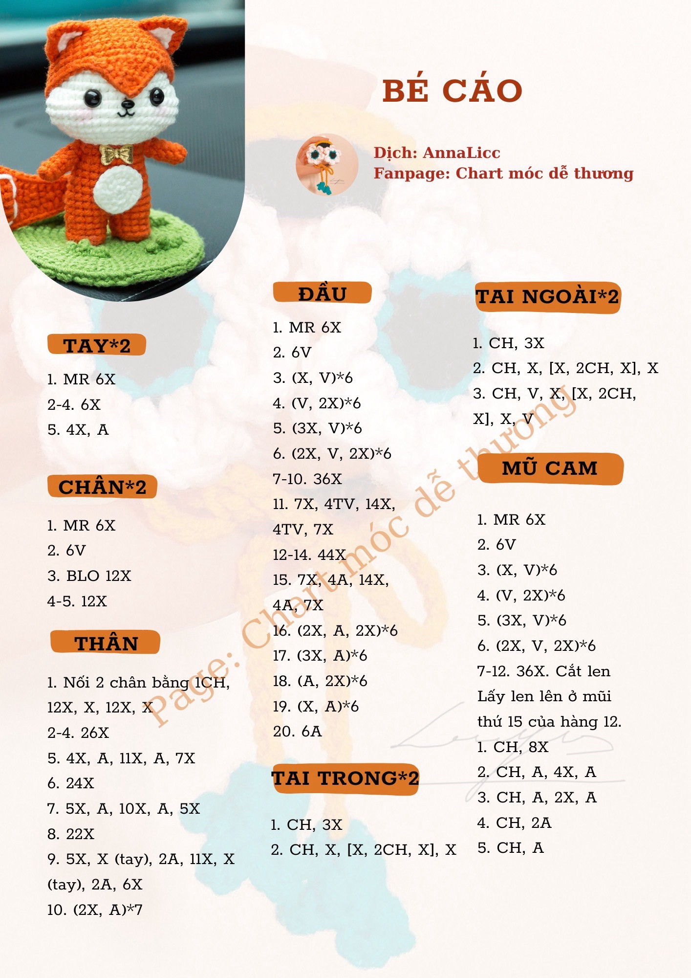 Chart móc len Búp bê Cáo màu cam dễ thương