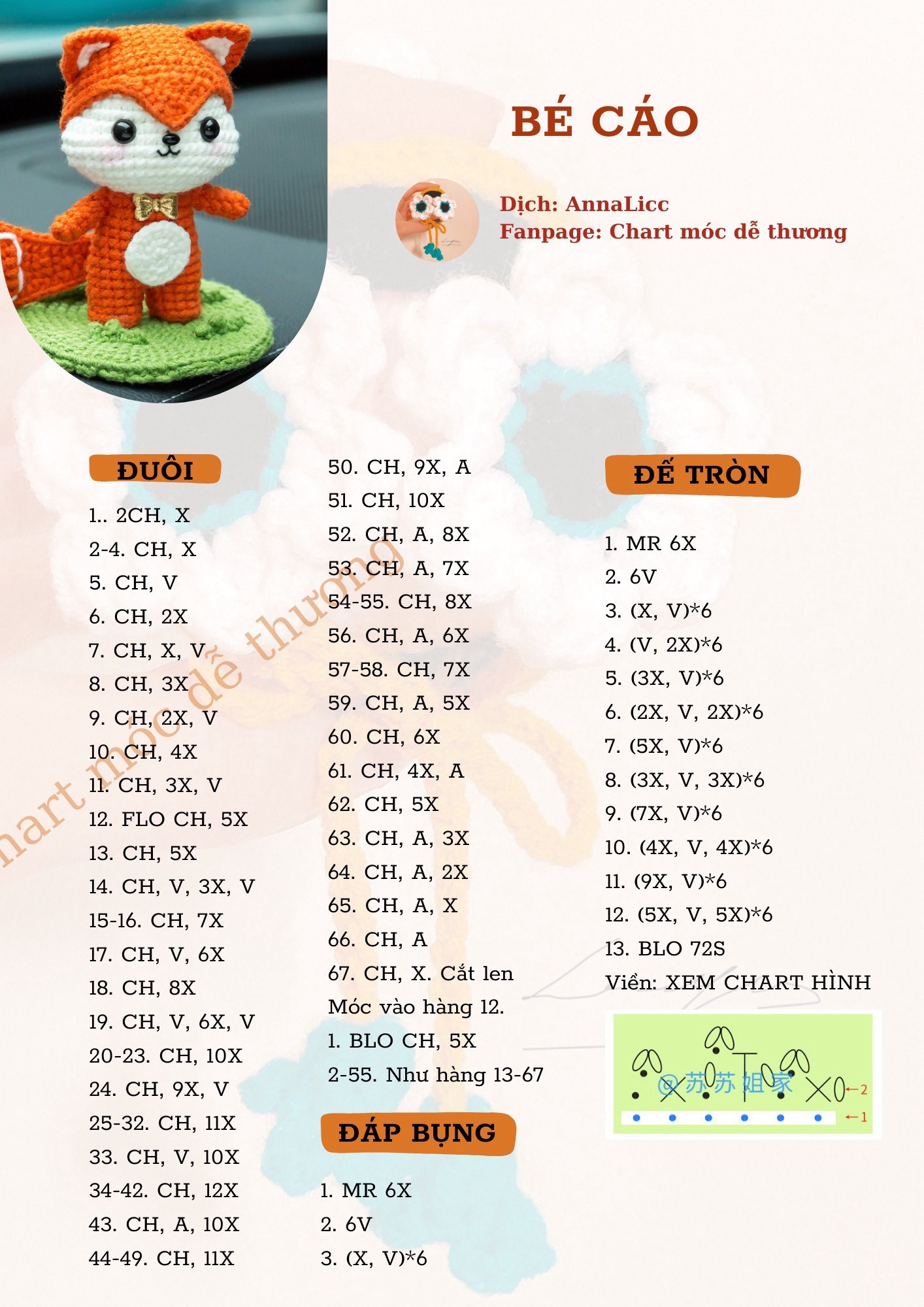 Chart móc len Búp bê Cáo màu cam dễ thương