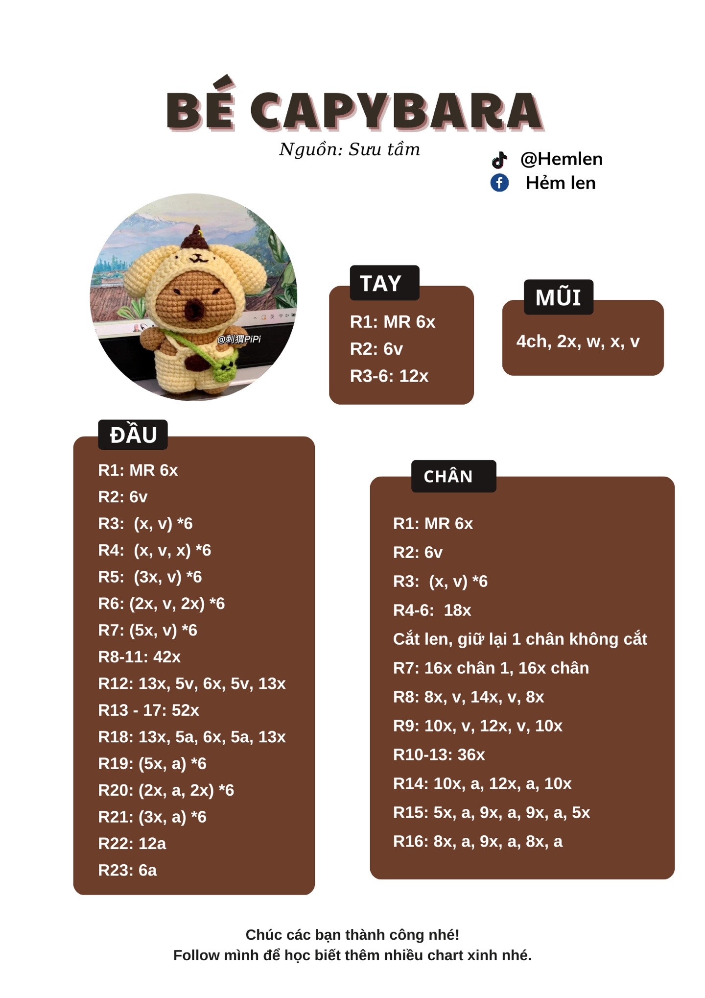 Chart móc len búp bê Capybara mặc đồ yếm và mũ