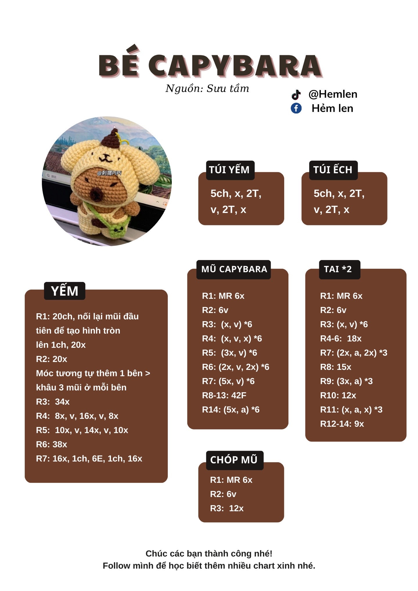 Chart móc len búp bê Capybara mặc đồ yếm và mũ