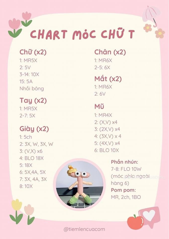 Chart móc len búp bê chữ cái Alphabet T, N, S dễ thương