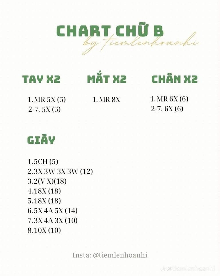 Chart móc len búp bê chữ cái Alphabet T, N, S dễ thương