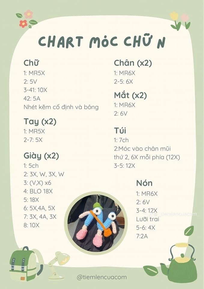 Chart móc len búp bê chữ cái Alphabet T, N, S dễ thương