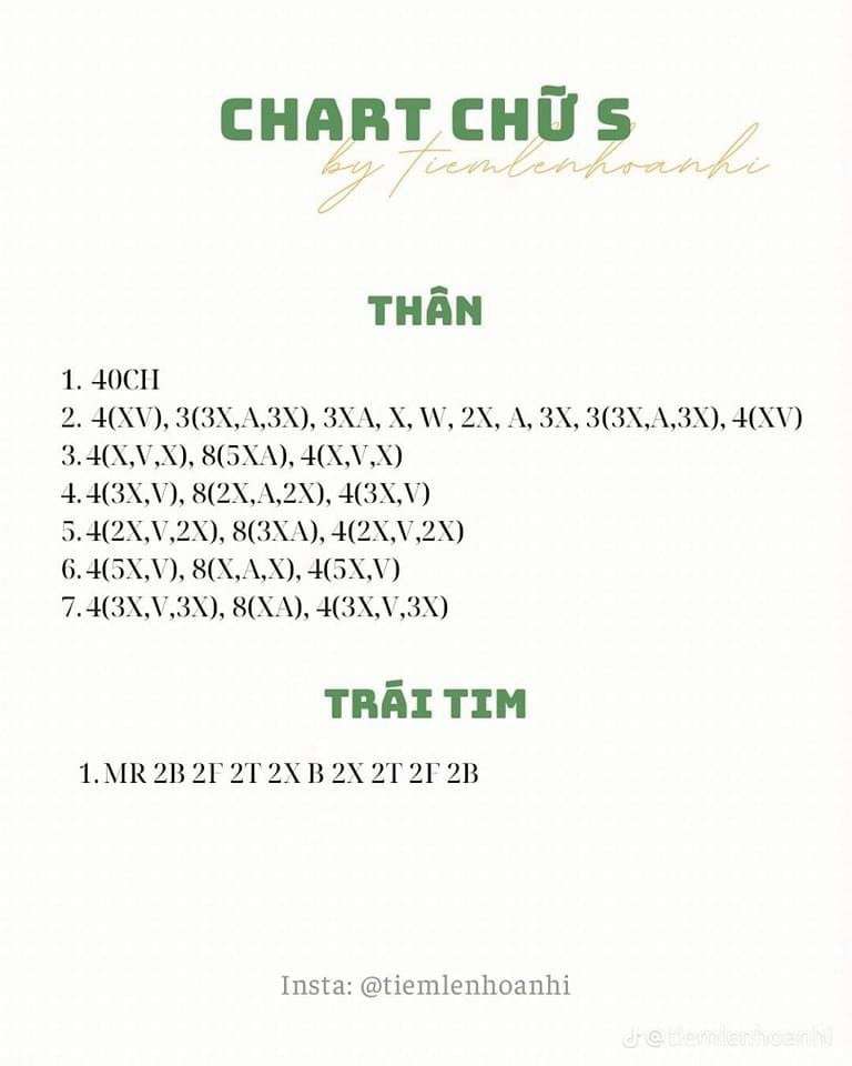 Chart móc len búp bê chữ cái Alphabet T, N, S dễ thương