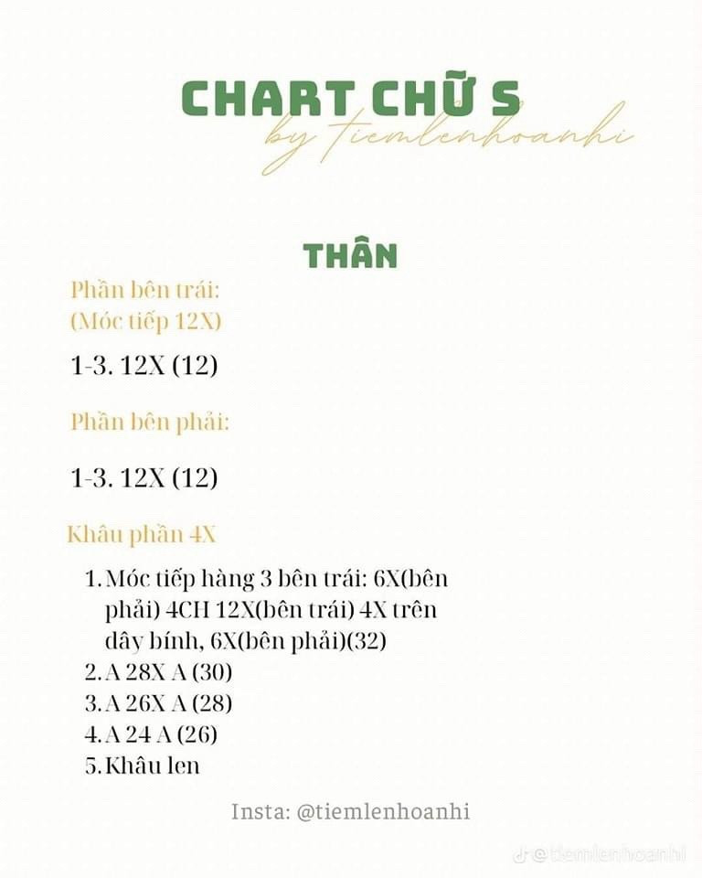 Chart móc len búp bê chữ cái Alphabet T, N, S dễ thương