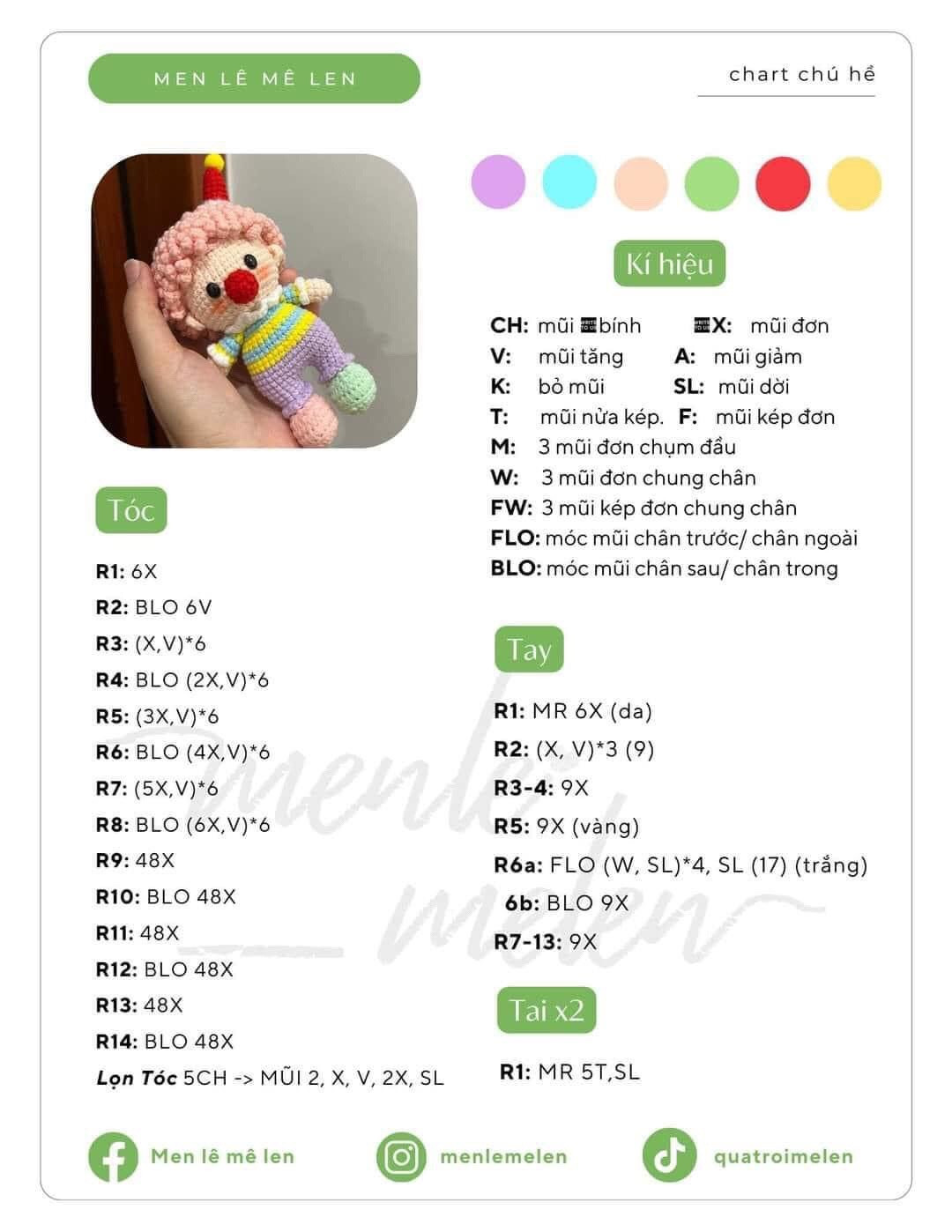 Chart móc len búp bê chú hề và mèo dễ thương nhiều màu sắc