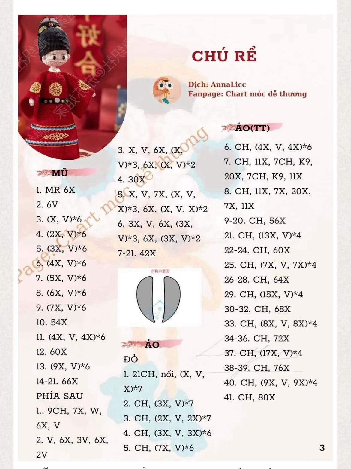 Chart móc len búp bê Chú rể mặc áo đỏ truyền thống