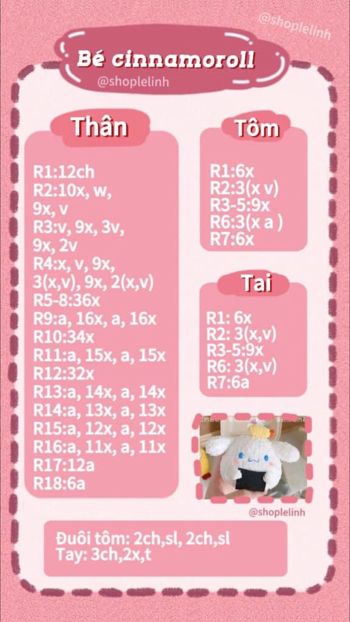 Chart móc len búp bê Cinnamoroll sushi trắng xanh dễ thương