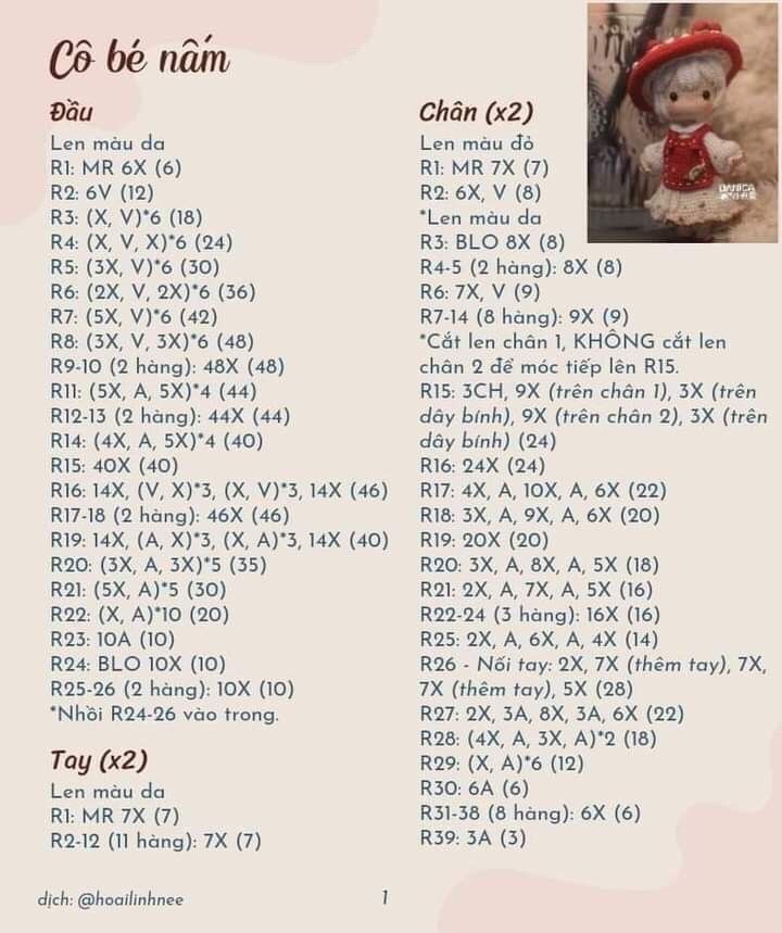 Chart móc len búp bê cô bé nấm dễ thương