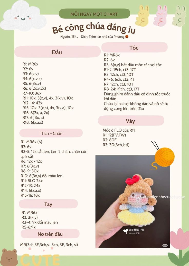 Chart móc len búp bê công chúa đáng iu tóc nâu váy vàng