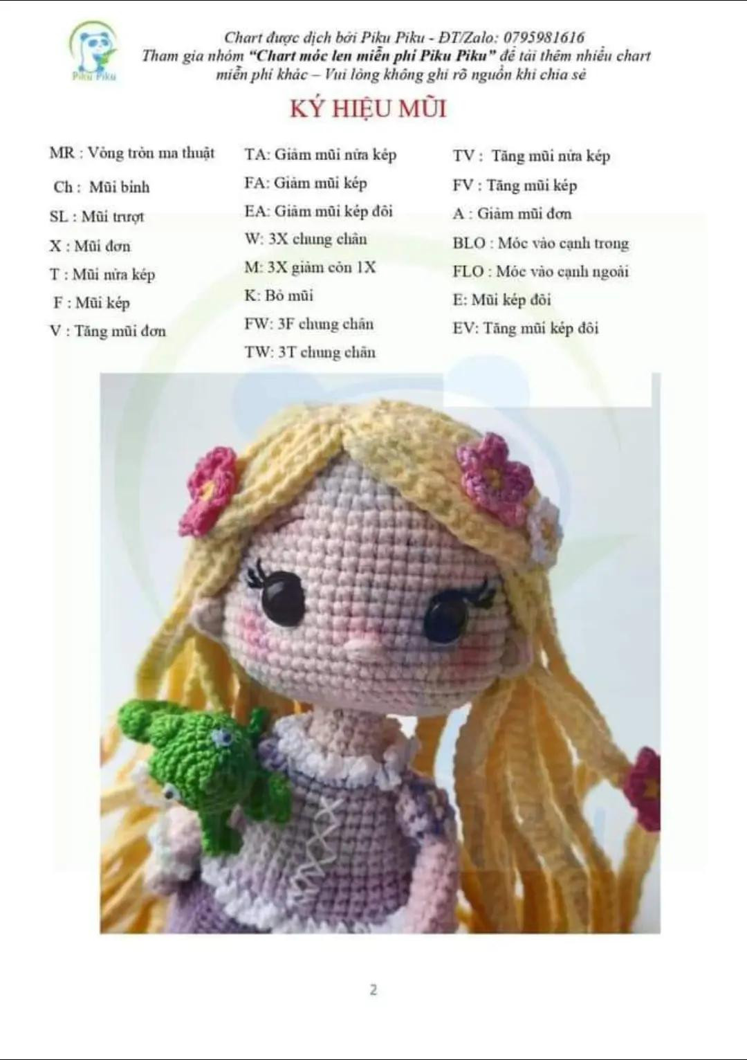 Chart móc len búp bê công chúa tóc mây với mái tóc vàng dài và hoa trang trí