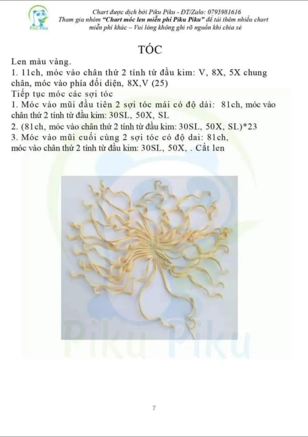 Chart móc len búp bê công chúa tóc mây với mái tóc vàng dài và hoa trang trí
