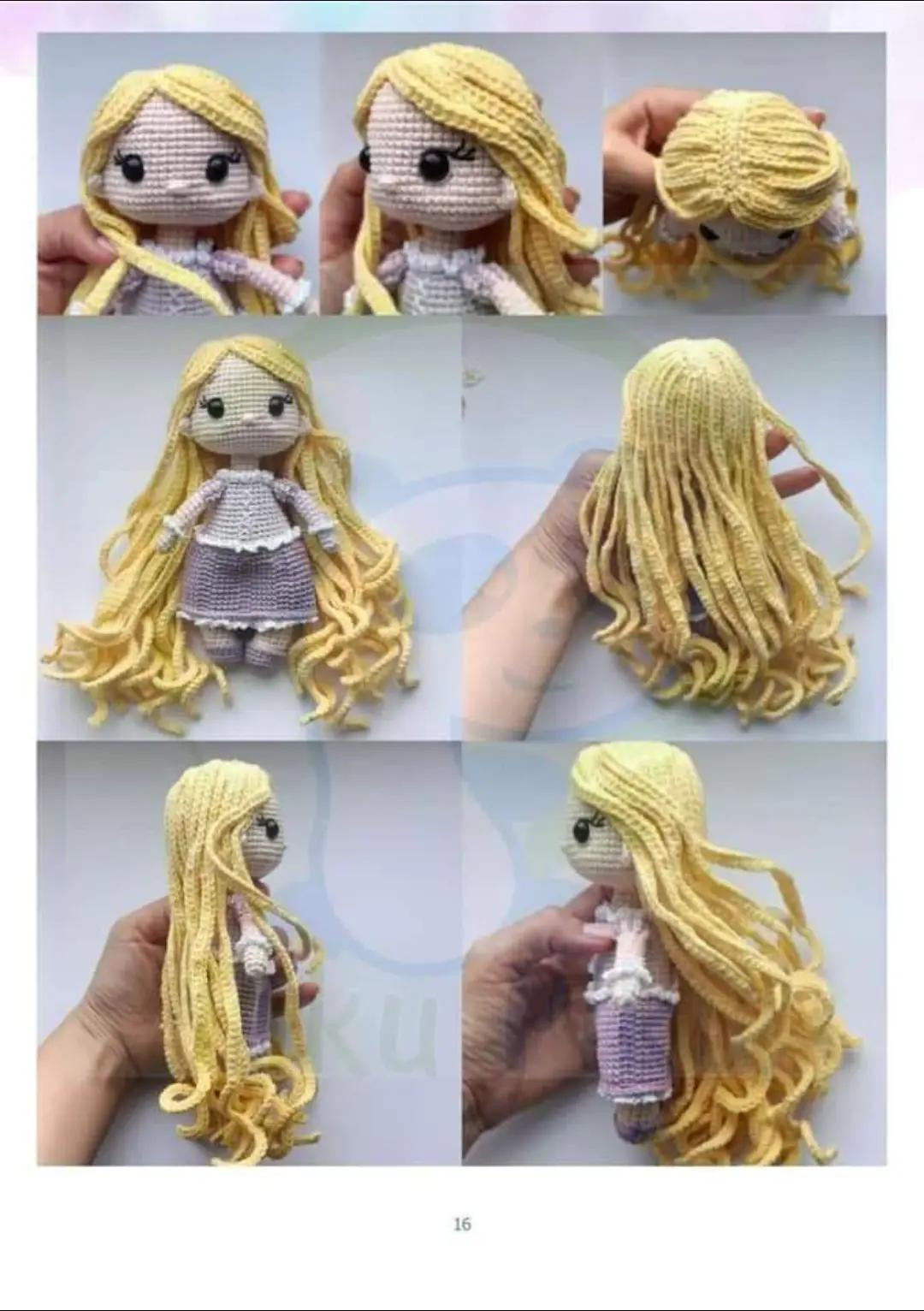 Chart móc len búp bê công chúa tóc mây với mái tóc vàng dài và hoa trang trí