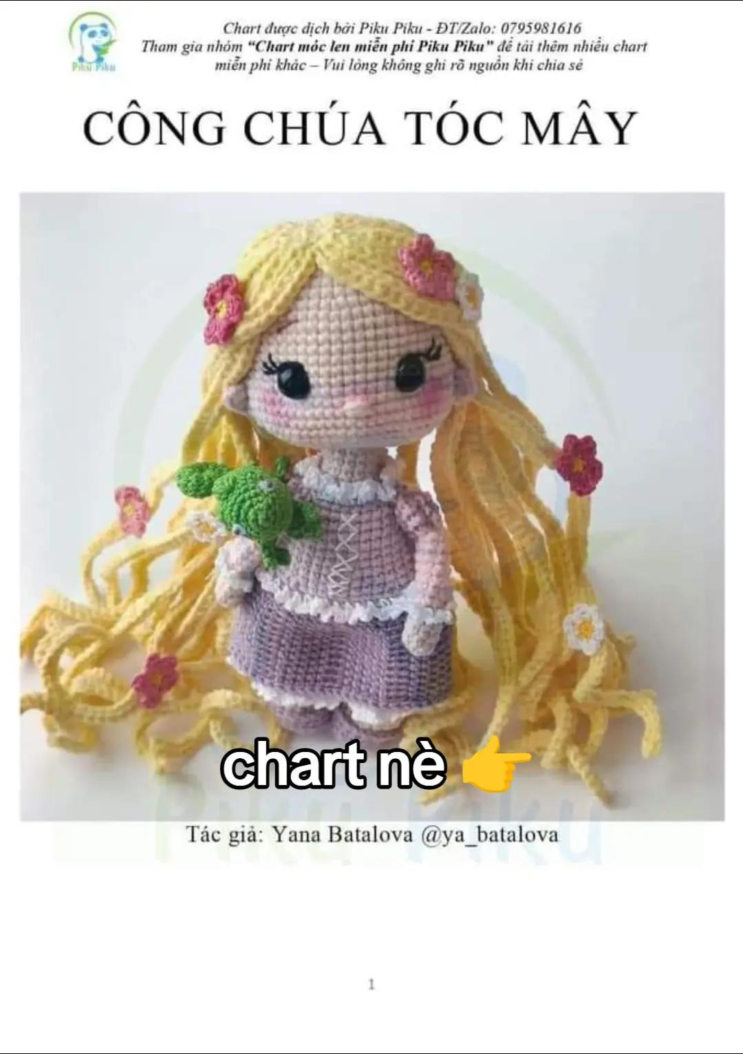 Chart móc len búp bê công chúa tóc mây với mái tóc vàng dài và hoa trang trí