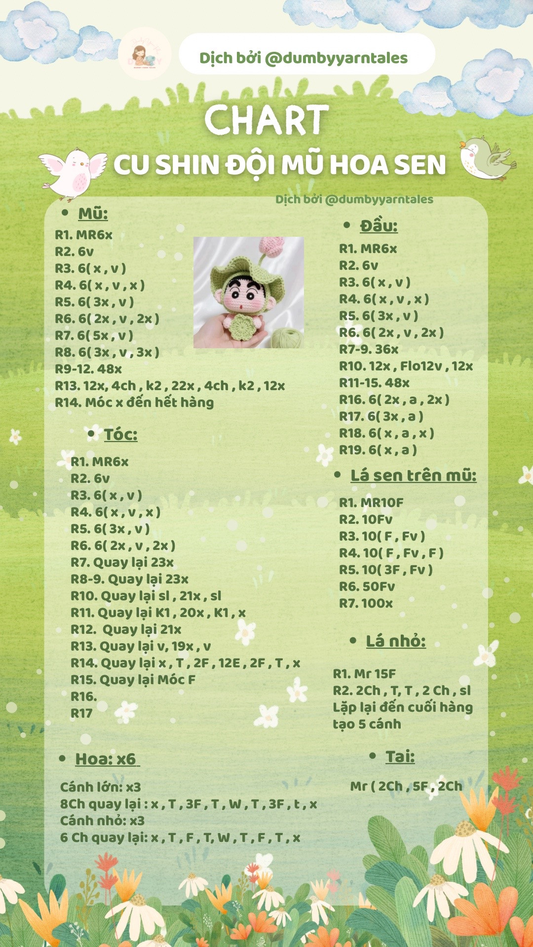 Chart Móc Len Búp bê Cu Shin Đội Mũ Hoa Sen