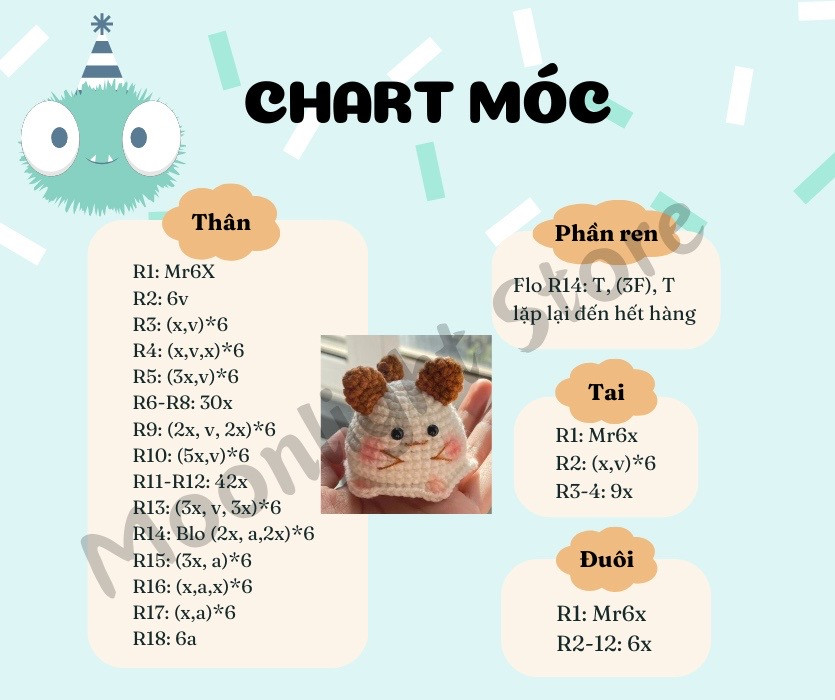 Chart Móc Len Búp bê Cún Con Trắng Tai Nâu Dễ Thương