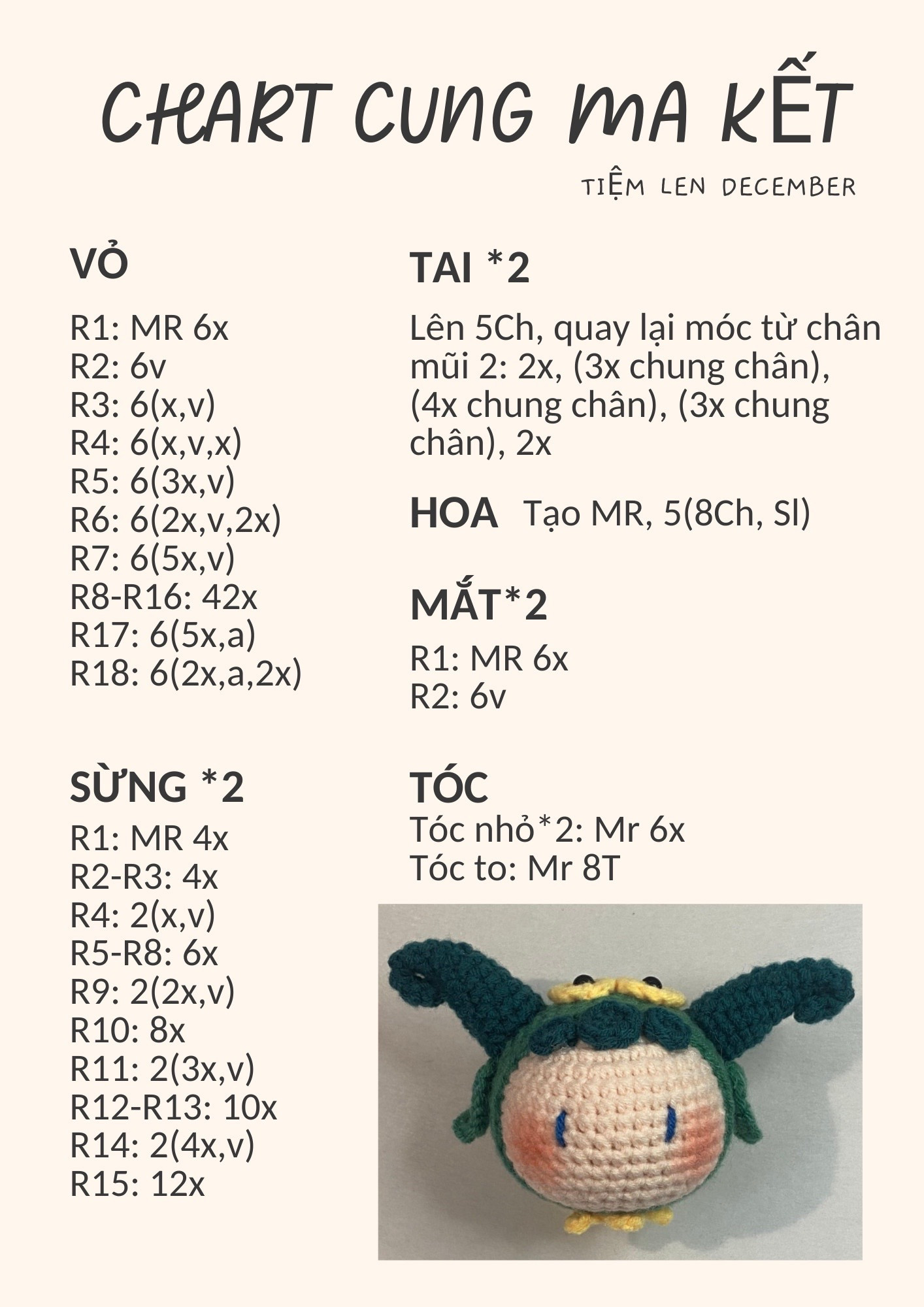 Chart móc len búp bê Cung Ma Kết màu xanh lá và vàng