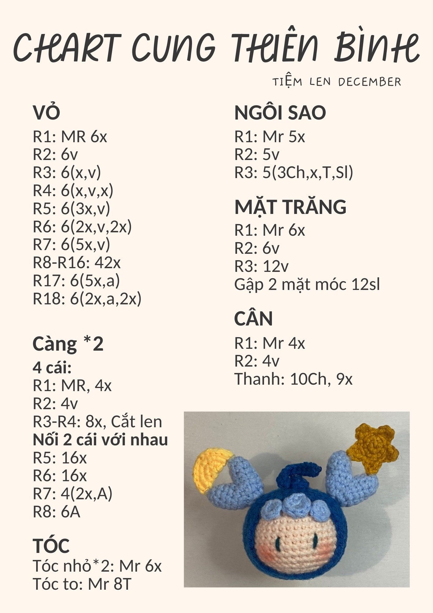 Chart móc len búp bê cung Thiên Bình màu xanh vàng