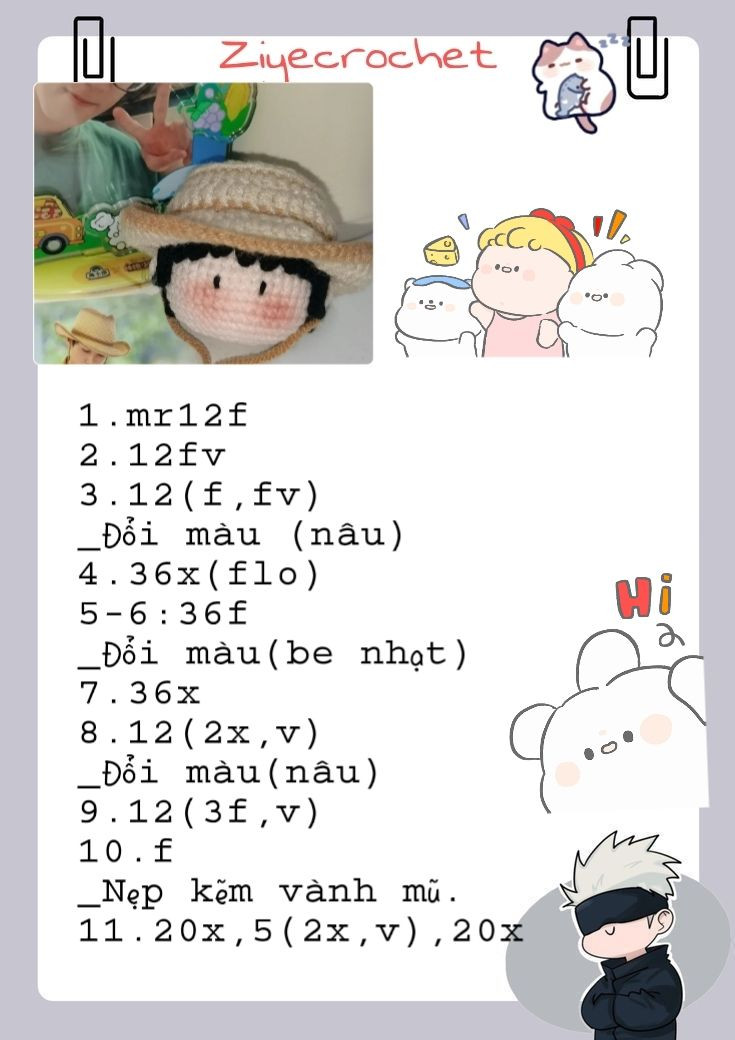 Chart móc len búp bê đội mũ rơm màu be và nâu