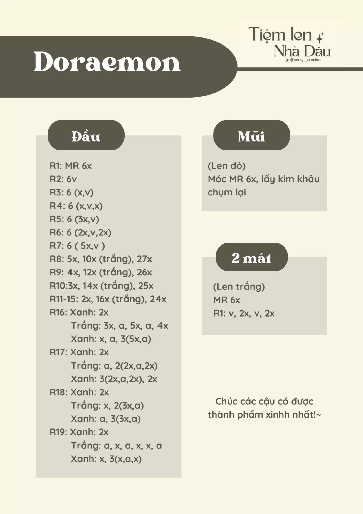 Chart móc len búp bê Doraemon đầu, mũi và mắt