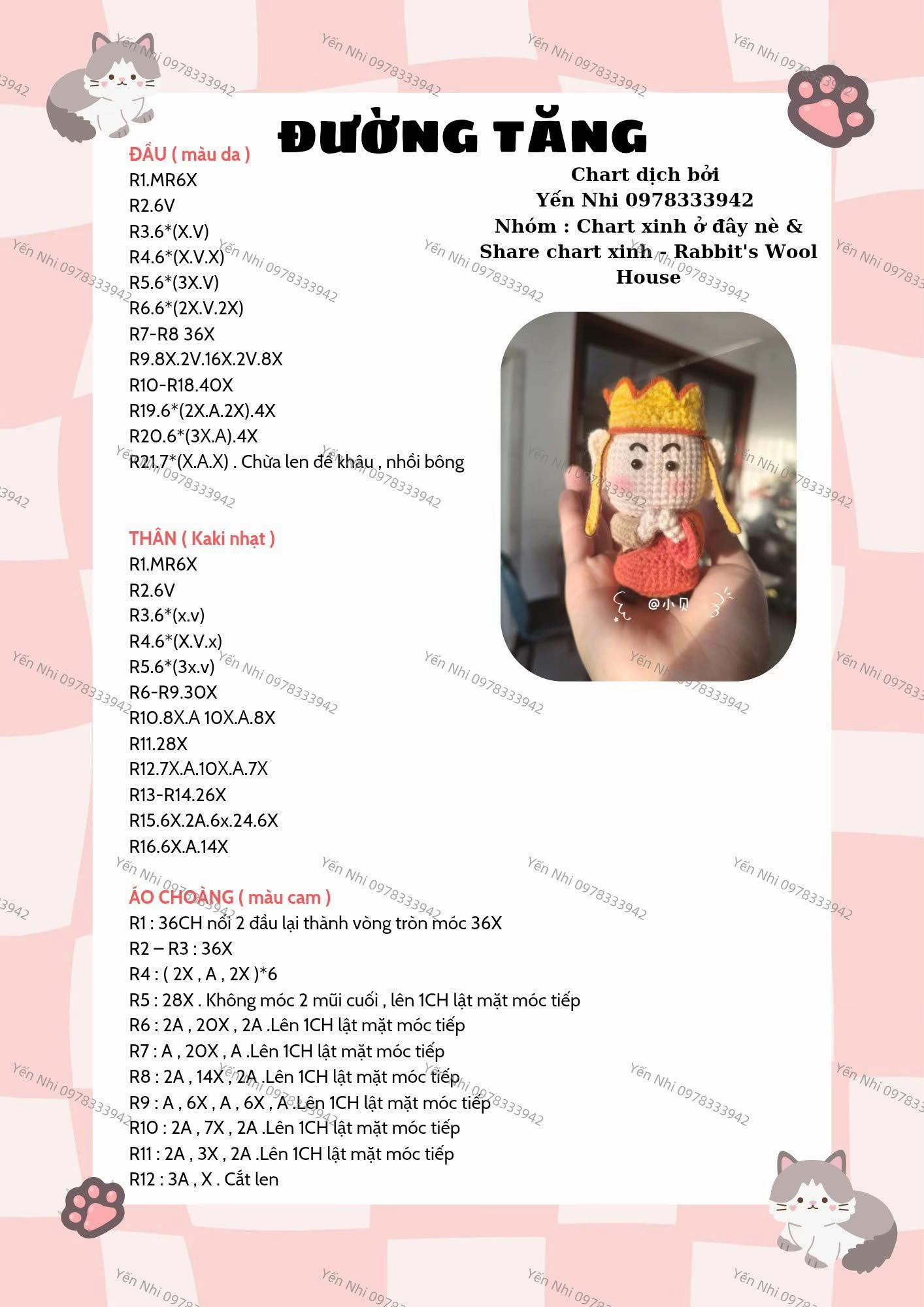 Chart móc len búp bê Đường Tăng màu cam và vàng