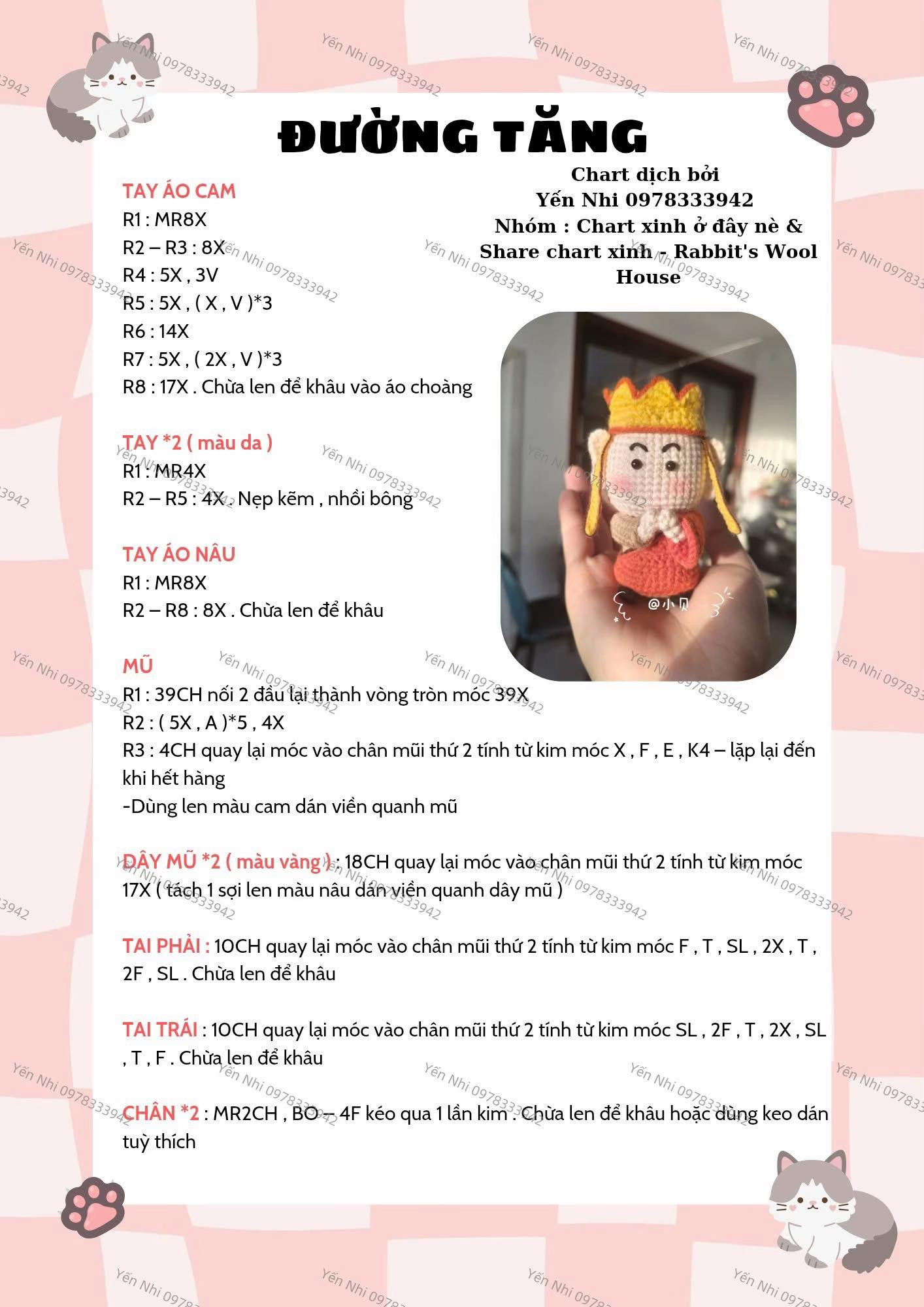 Chart móc len búp bê Đường Tăng màu cam và vàng