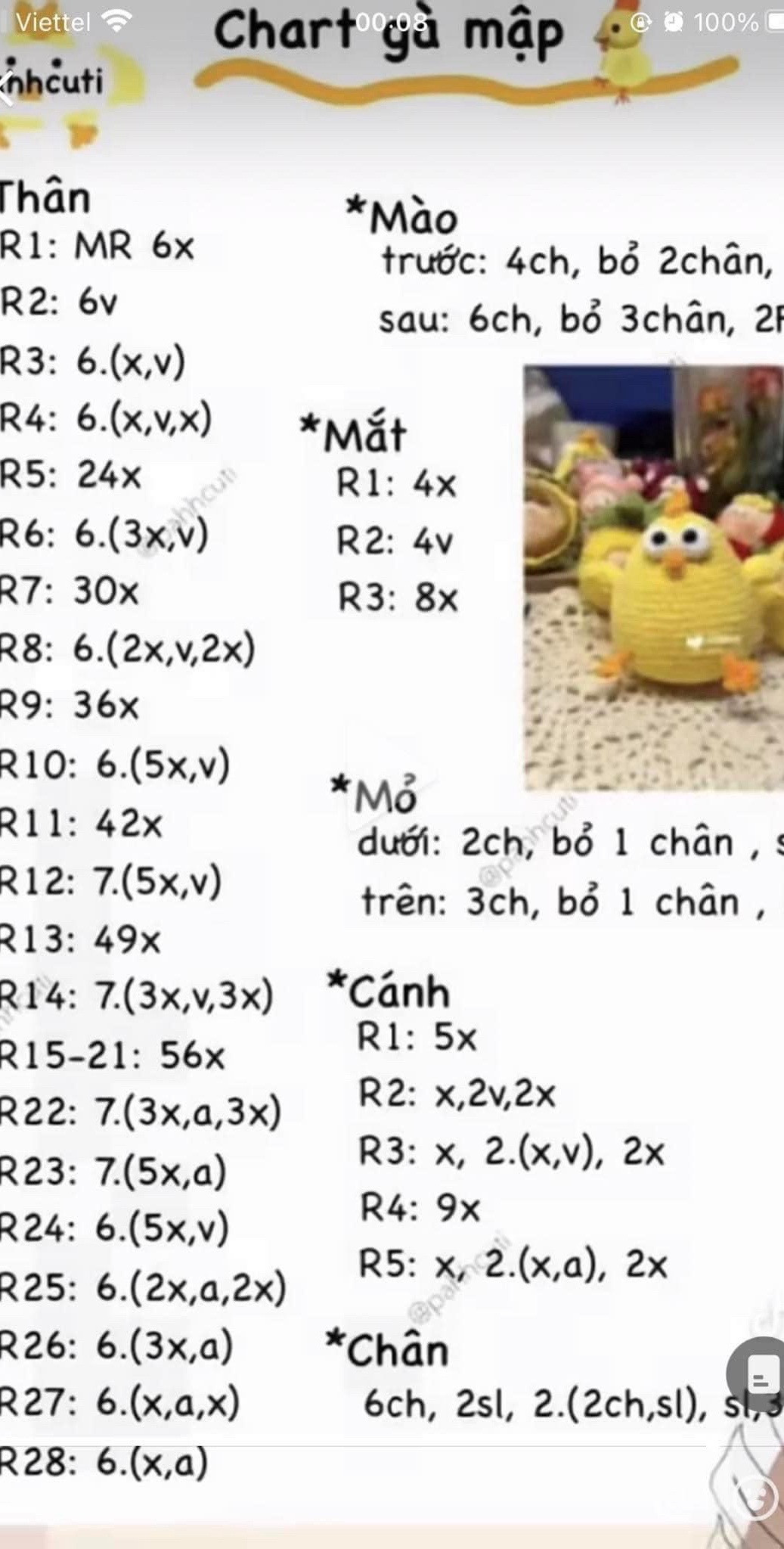 Chart móc len búp bê gà vàng mập mạp dễ thương