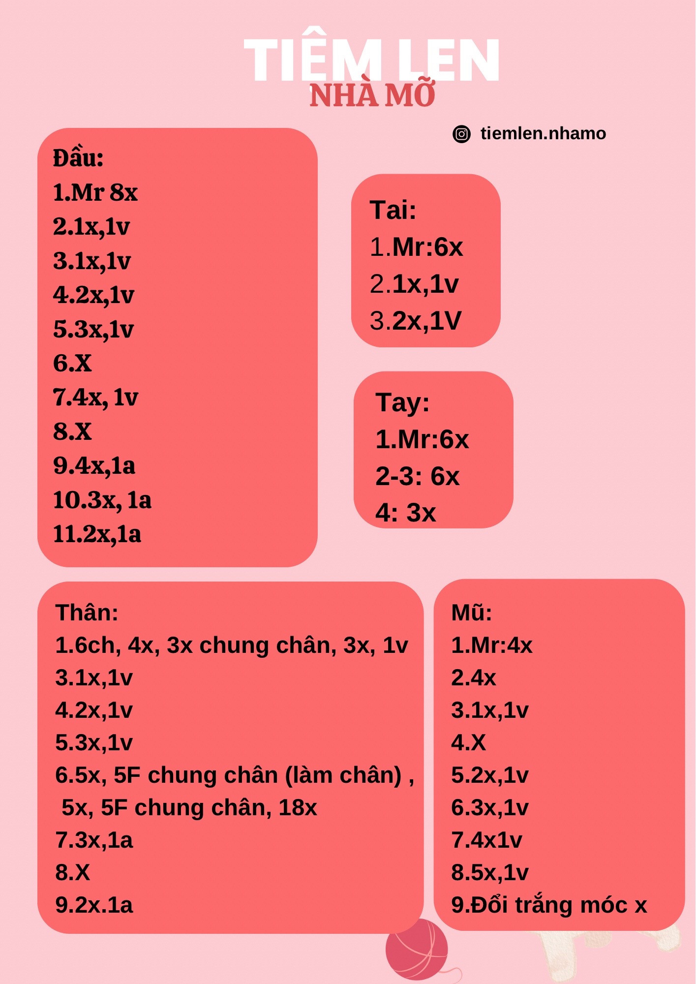 Chart móc len búp bê gấu đội mũ hồng trắng dễ thương