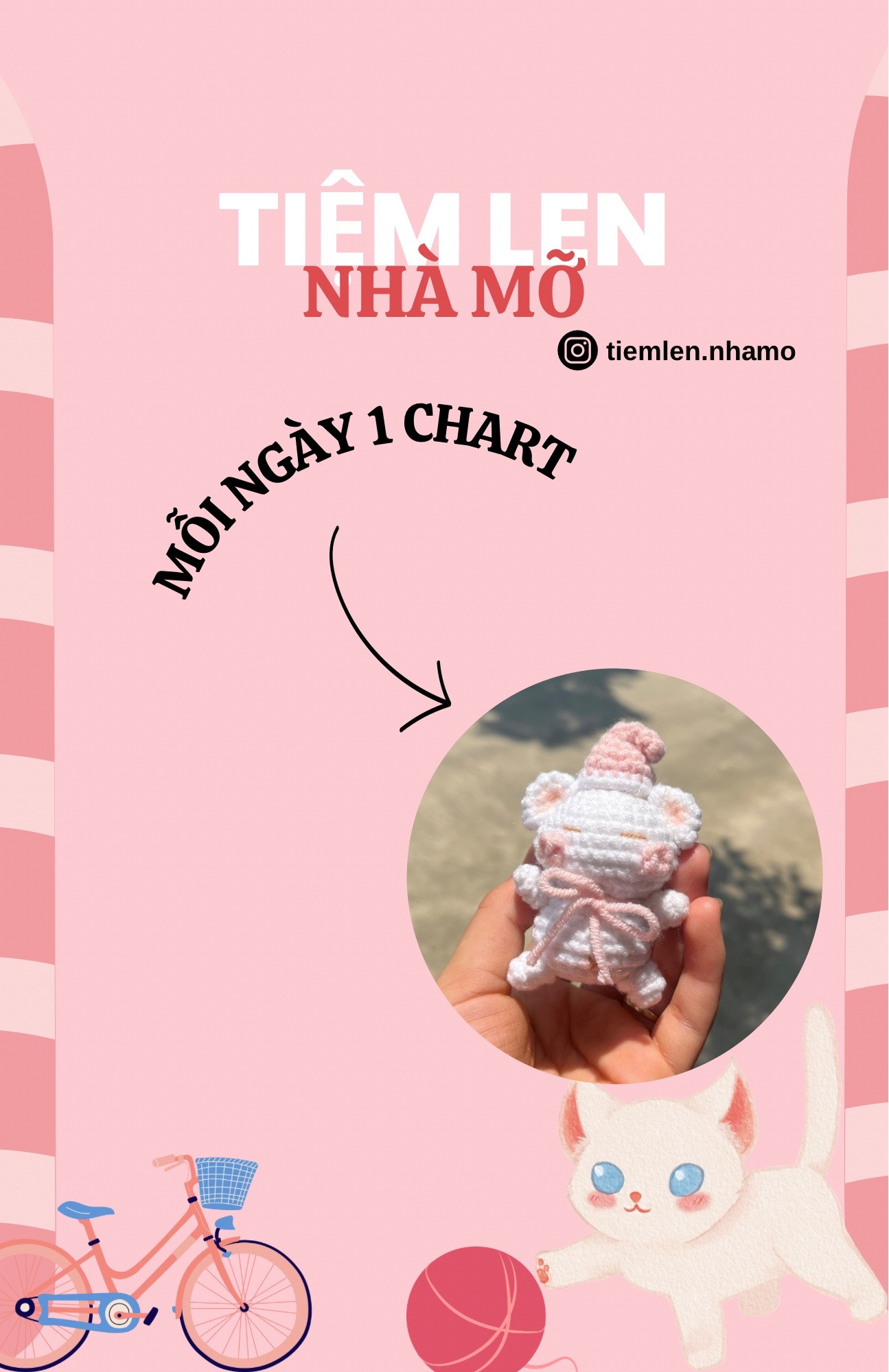 Chart móc len búp bê gấu đội mũ hồng trắng dễ thương