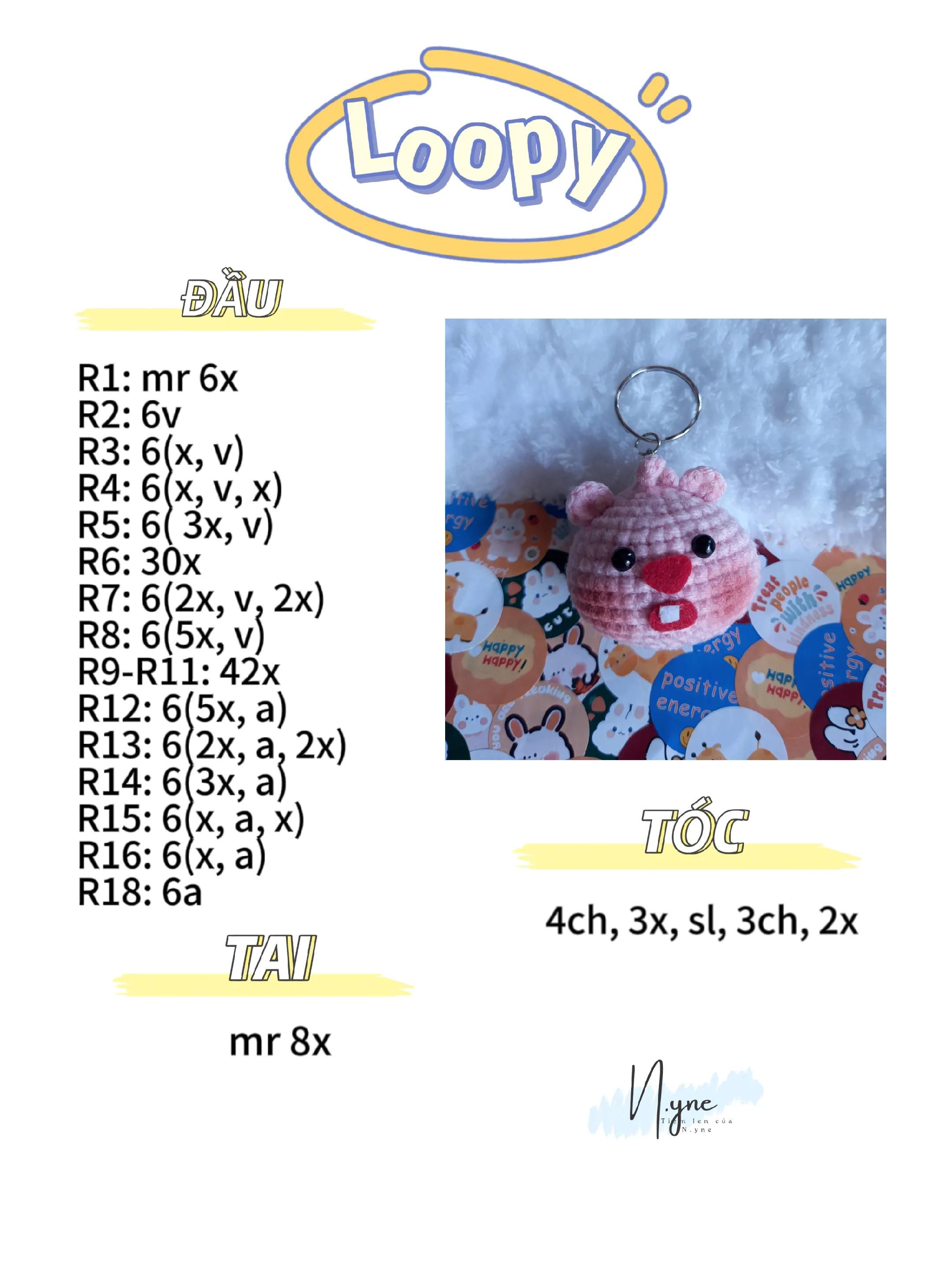 Chart móc len búp bê gấu Loopy màu hồng dễ thương